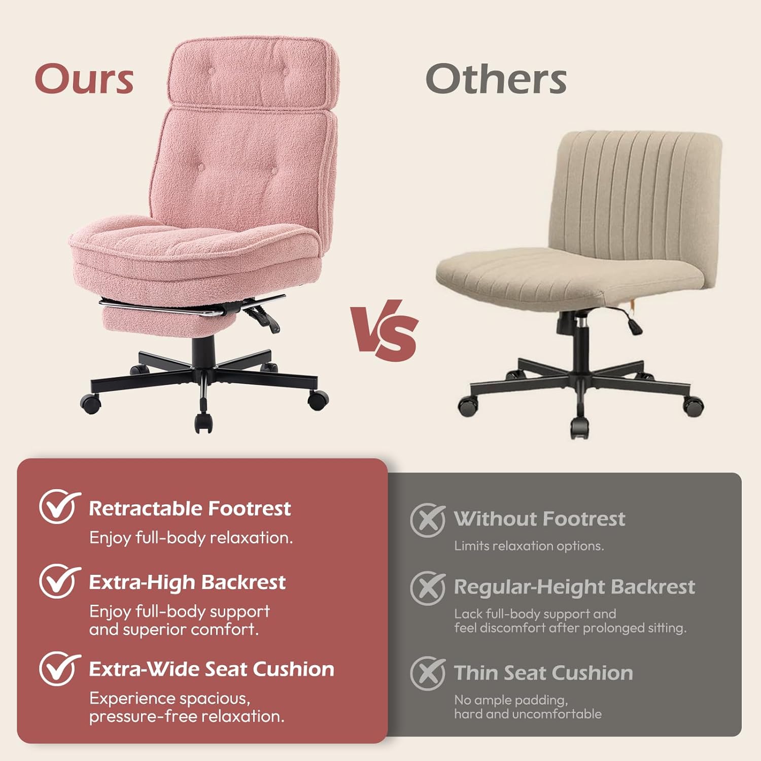 Criss Cross Chair with Wheels - Home Office Desk Chairs with Foot Rest, Morden Comfy Swivel Makeup Chair for Vanity, Ergonomic Cross Legged Office Chair with High Back & Wide Seat, Pink
