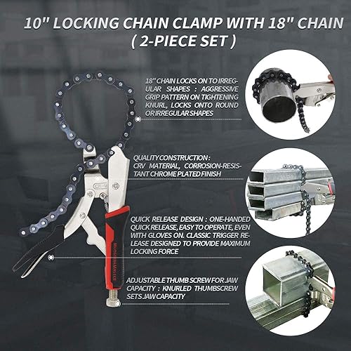 Miniatura 2 de Monster & Master Abrazadera de cadena de bloqueo de 10 pulgadas con cadena de 18 pulgadas, llave de tornillo de cadena, acero CRV, juego de 2 piezas