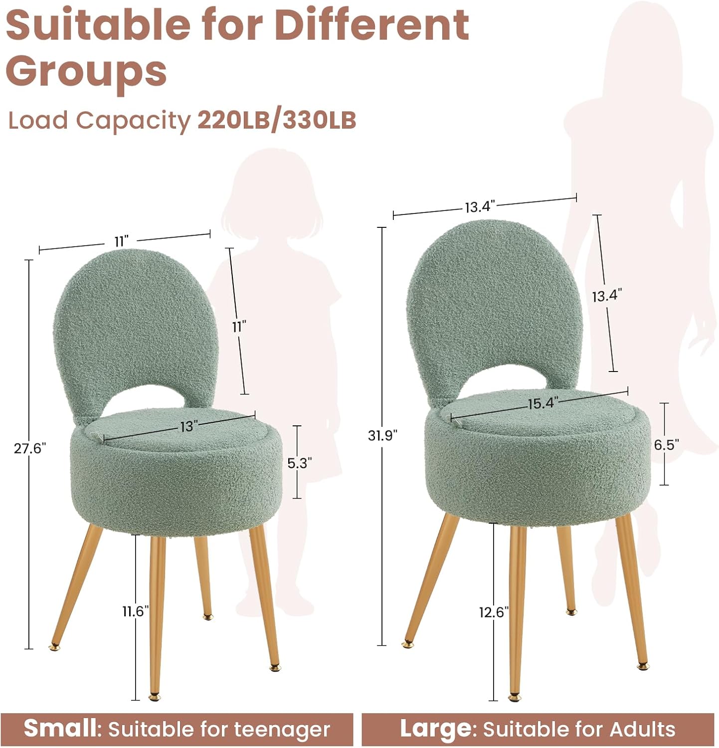 Small Vanity Stool Chair with Storage and Folding Back,4 Metal Legs with Anti-Slip Feet,Round Ottoman with Velvet Seat, Furry Padded Seat for Makeup, Bedroom (Black, Small)