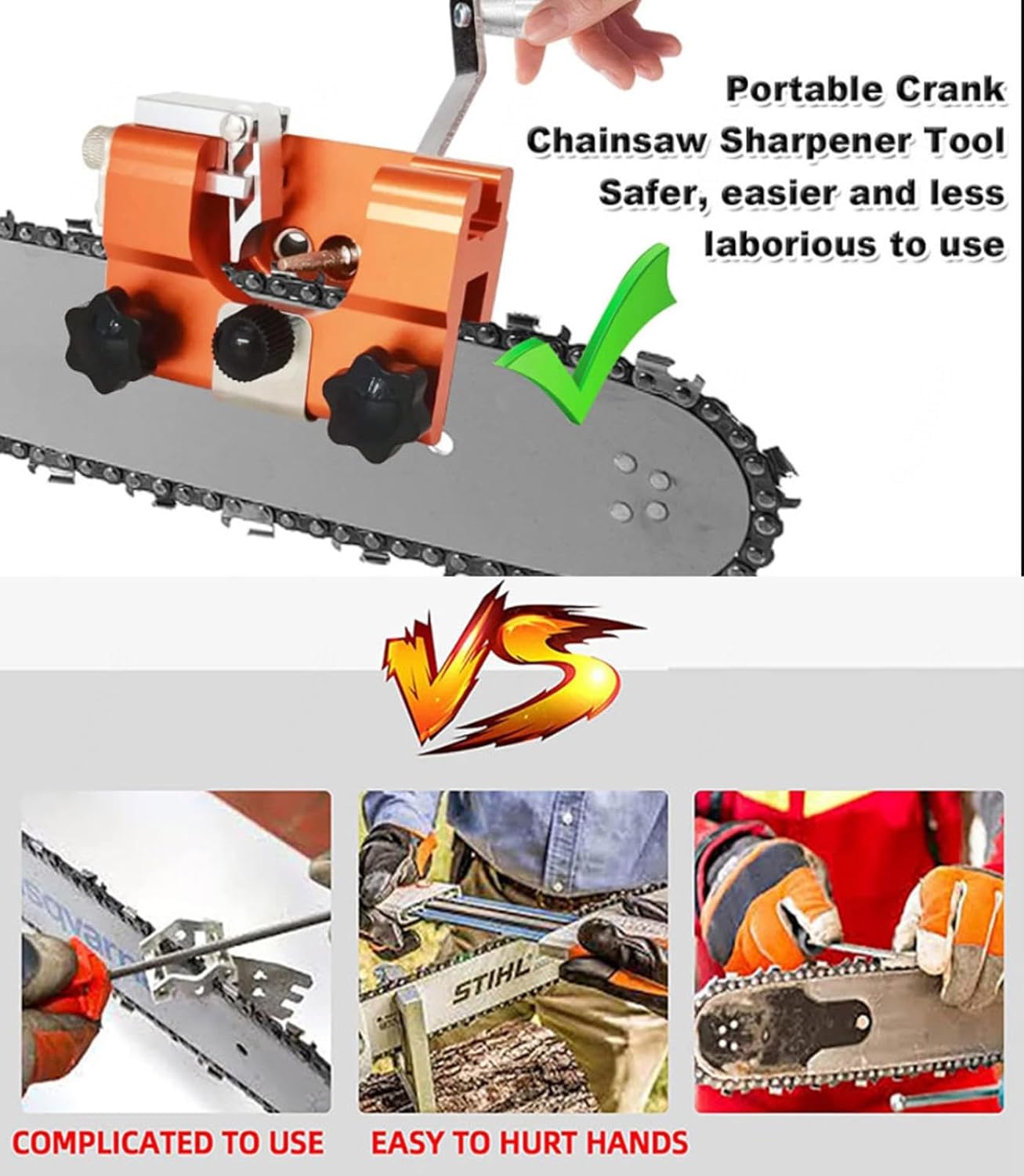 Chainsaw Sharpening Jig Kit Chainsaw Sharpener Jig for Drill Chain Saw Blade Sharpener Portable Hand Crank 3 Grinding Rod Suitable for All Kinds of Chain Saws