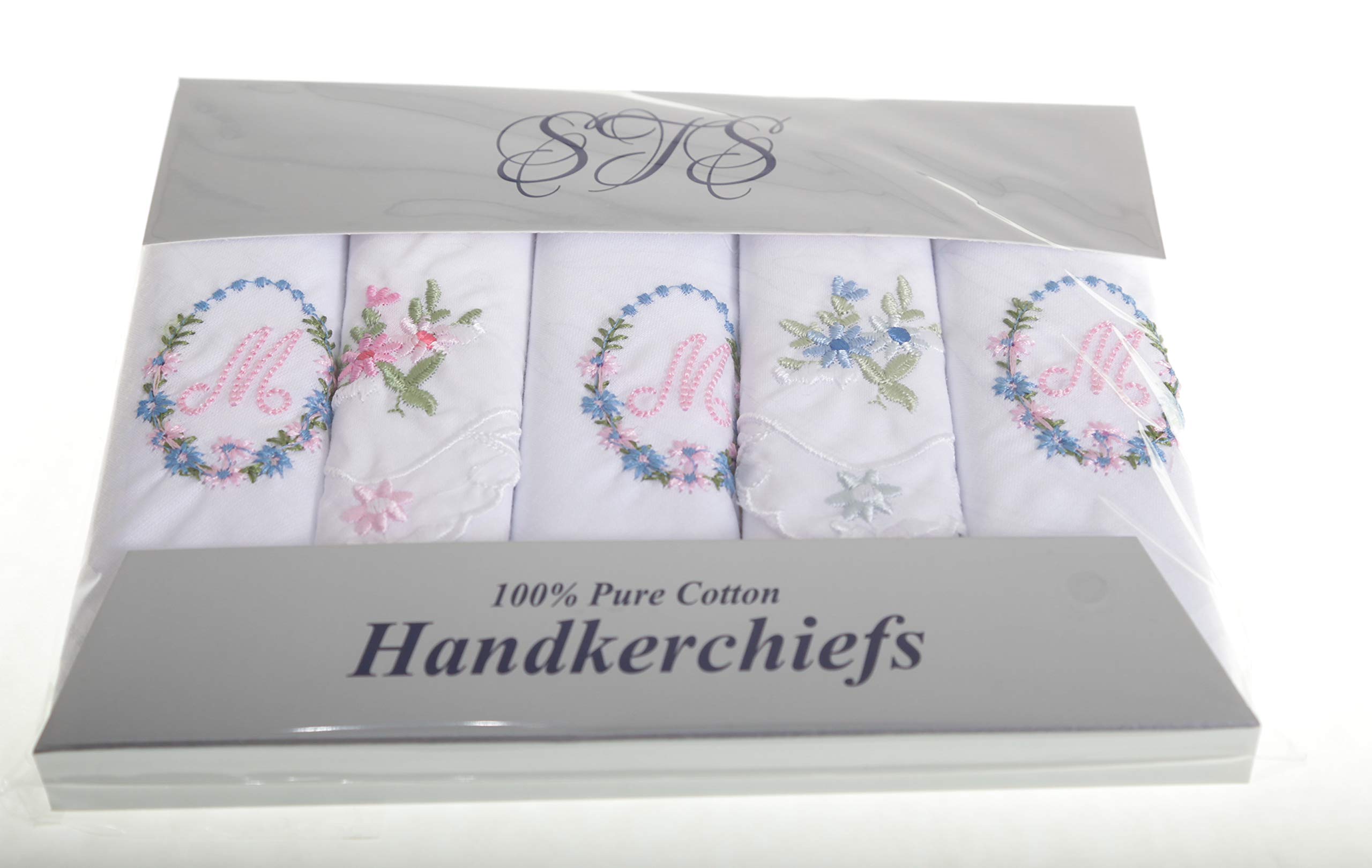 Surf the Shop Pack of 5 Ladies Initial Embroidered White Handkerchiefs with Satin Border and Matching Floral Handkies, Various Letters