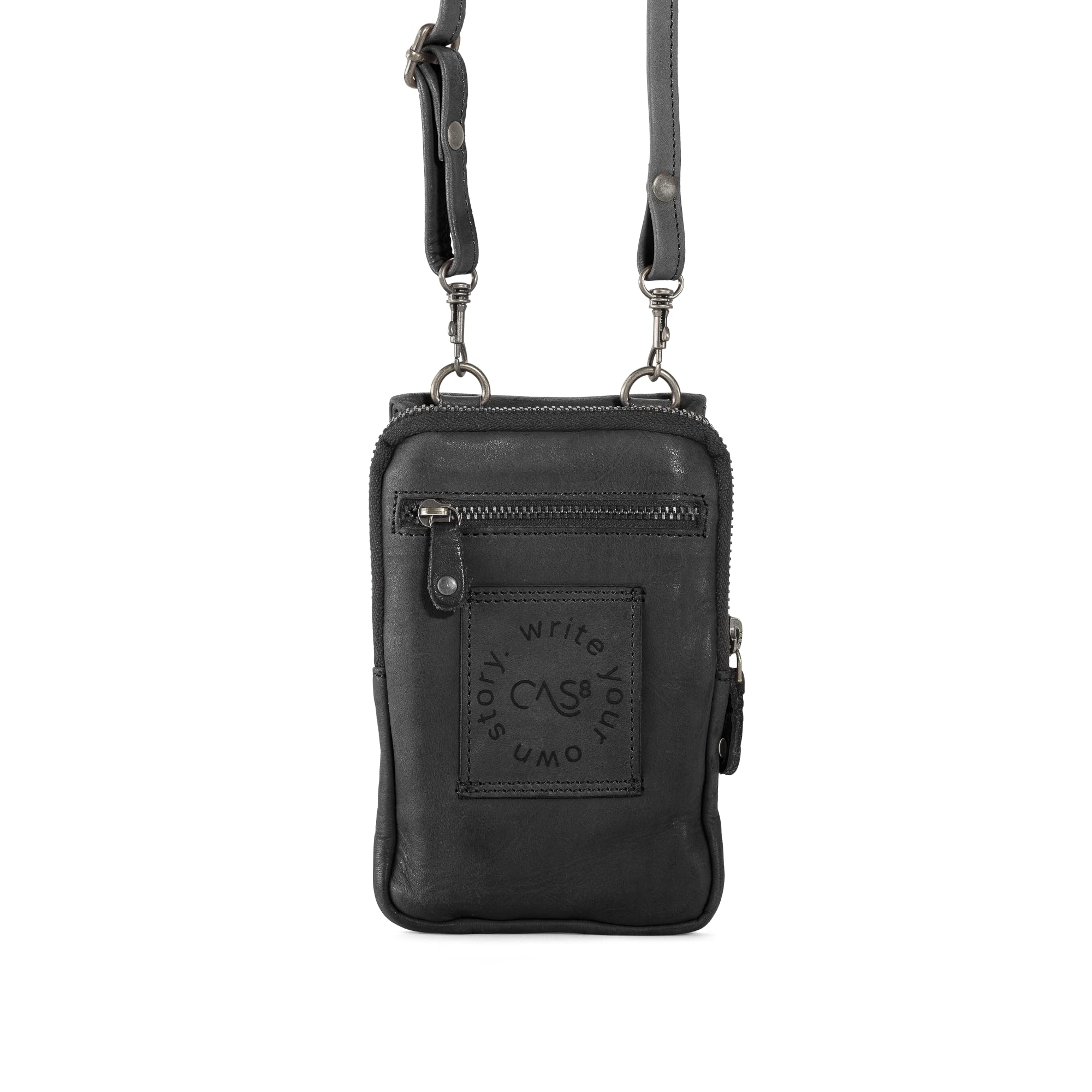 Handytasche zum Umhängen Lilly, Smartphonetasche aus Leder mit RFID-Schutz und 6 Kartenfächer, Verstellbarer & Abnehmbarer Gurt, passend für Handys bis 8,5x15x1,3cm, Graphite