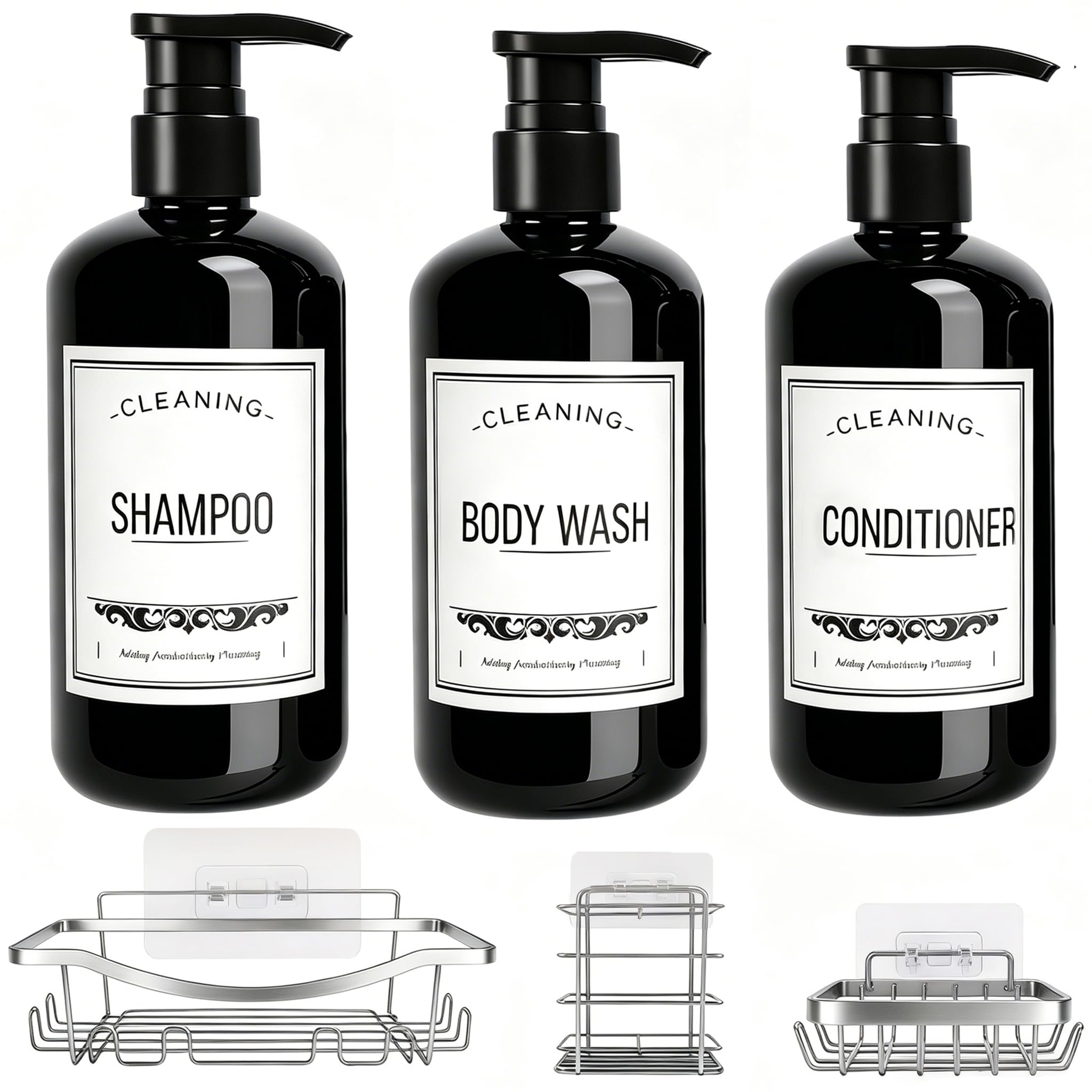 Mjiahsn 3-Pack Shampoo Dispenser & Adhesive Shower Caddy Set – Black 16.9 oz Pump Bottles & Silver Stainless Steel No-Drill Shelves, Rustproof Bathroom Organizer for Toiletries
