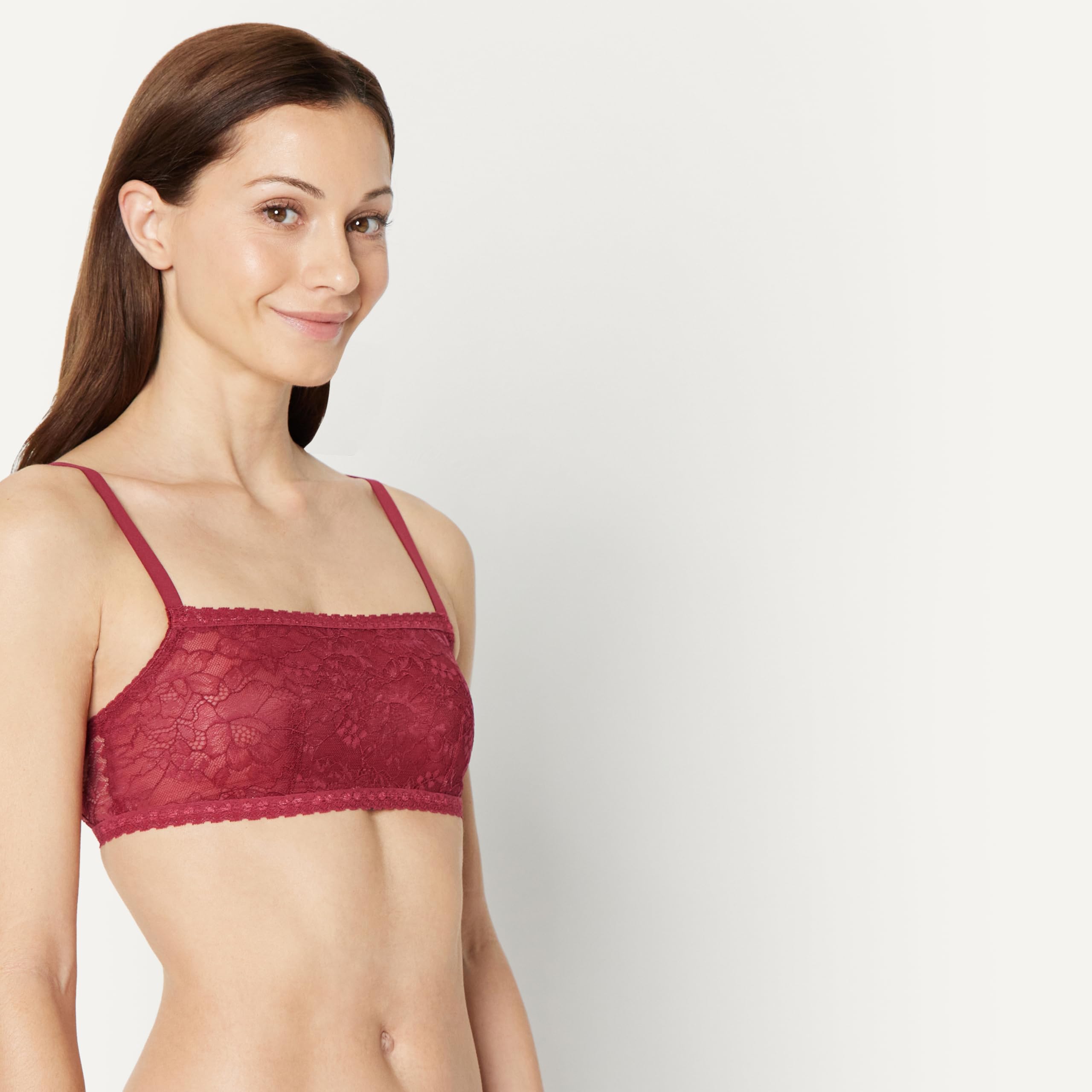 Amazon Essentials Women's Stretch All Over Lace Square Neck Bralette: Small Soft Petal / Burgundy