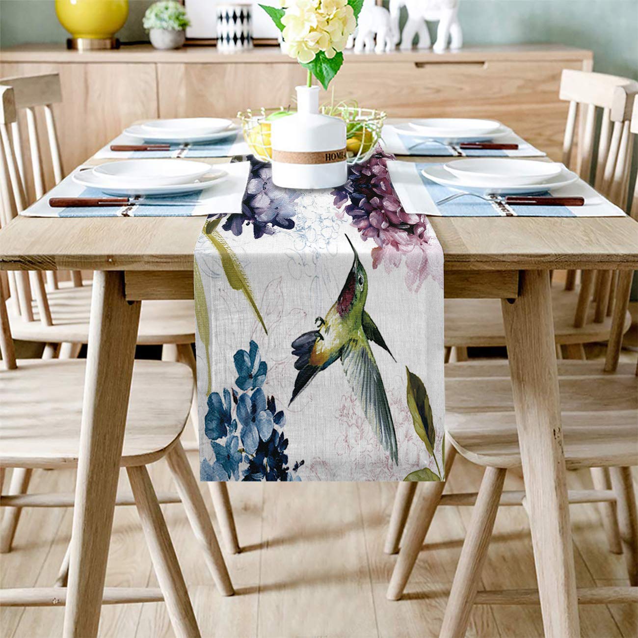Mantel De Lino Antimanchas - Estampado Colibrí Y Flores - 100% Poliéster - 60 X 90 Cm