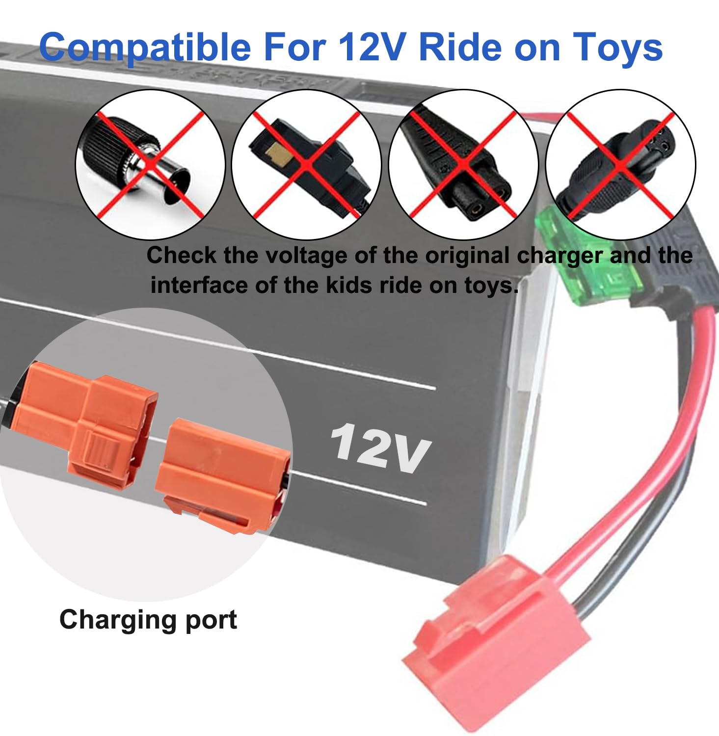 CHENXRN 12 Volt Battery Charger for Ride On Toys, 12V Kids Ride On Car Charger, Charger for Kids Electric Car, Riding Toy Battery Power Adapter Square Plug SL12-07-02