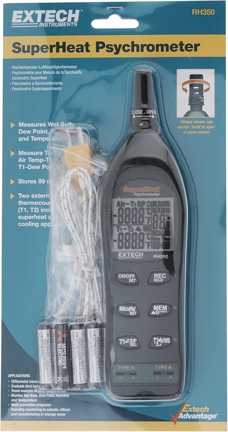 Extech RH350 Dual Input Hygro-Thermometer Psychrometer with Superheat Differential - Measures Humidity, Dew Point, Wet Bulb, and Temperature - Includes 2 Type K Probes and Triple Backlit LCD