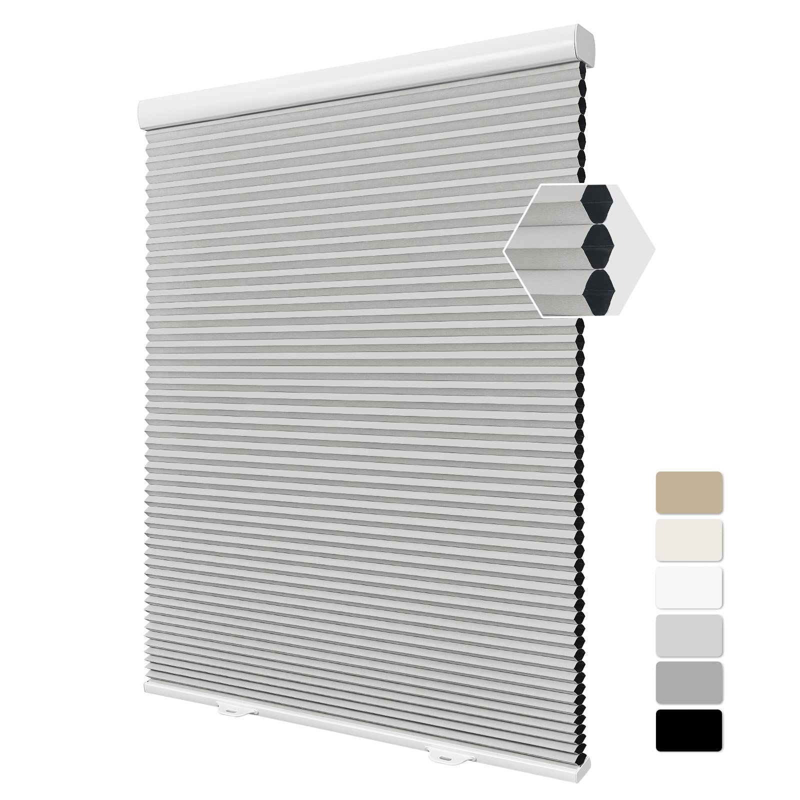 Cellular Shades Blackout Cordless Honeycomb Blinds Room Darkening Shades for Indoor Windows, 1.5 inch Single Cell Pleated for Bedroom Bathroom Kitchen Office, Light Grey,Custom Size
