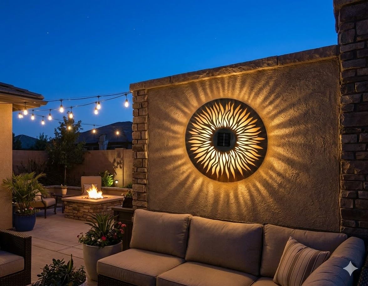 Solar Powered Metal Sun Wall Lamp, Solar Garden Ornaments Metal Light Up 38cm 10 LEDs Sun Wall Art for Garden, LED Light, Outdoor Decorative Automatic 8 Hours Light Output, No Tools Required
