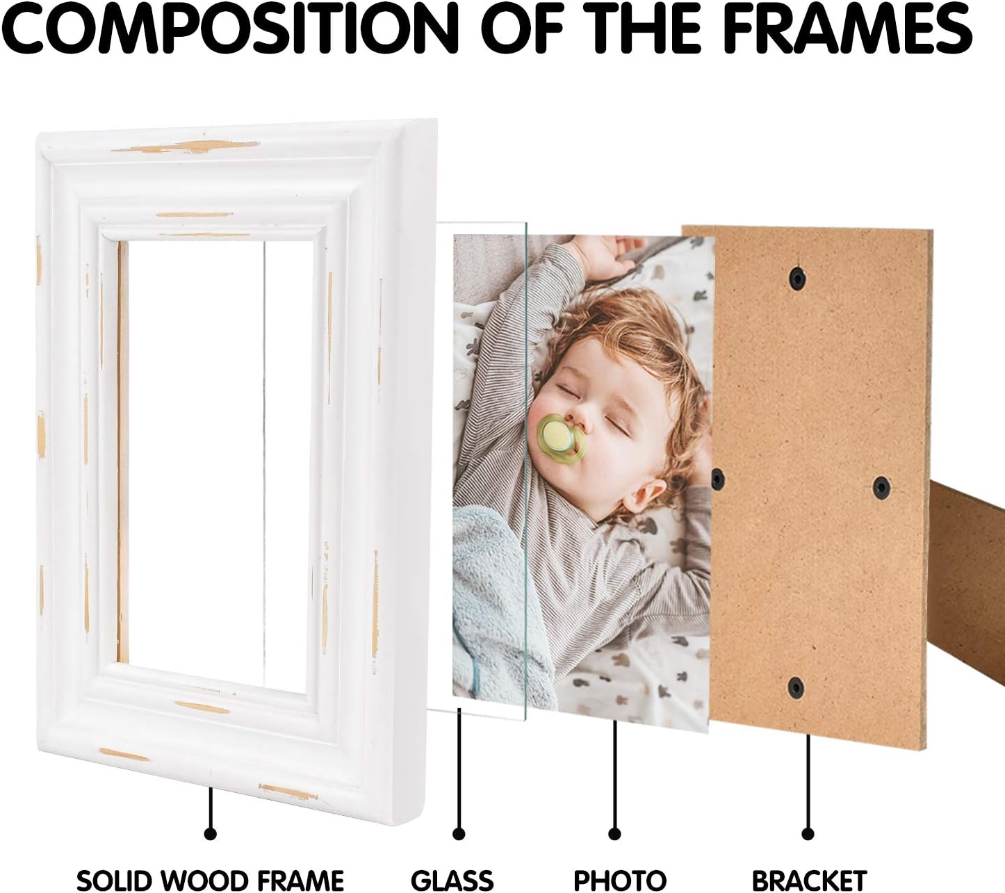 4x6 picture frames white wood wall decor with high definition glass- vintage picture frames rustic table top decor wood wall art with frame distressed wood magazine frame display (WHITE, 4x6")