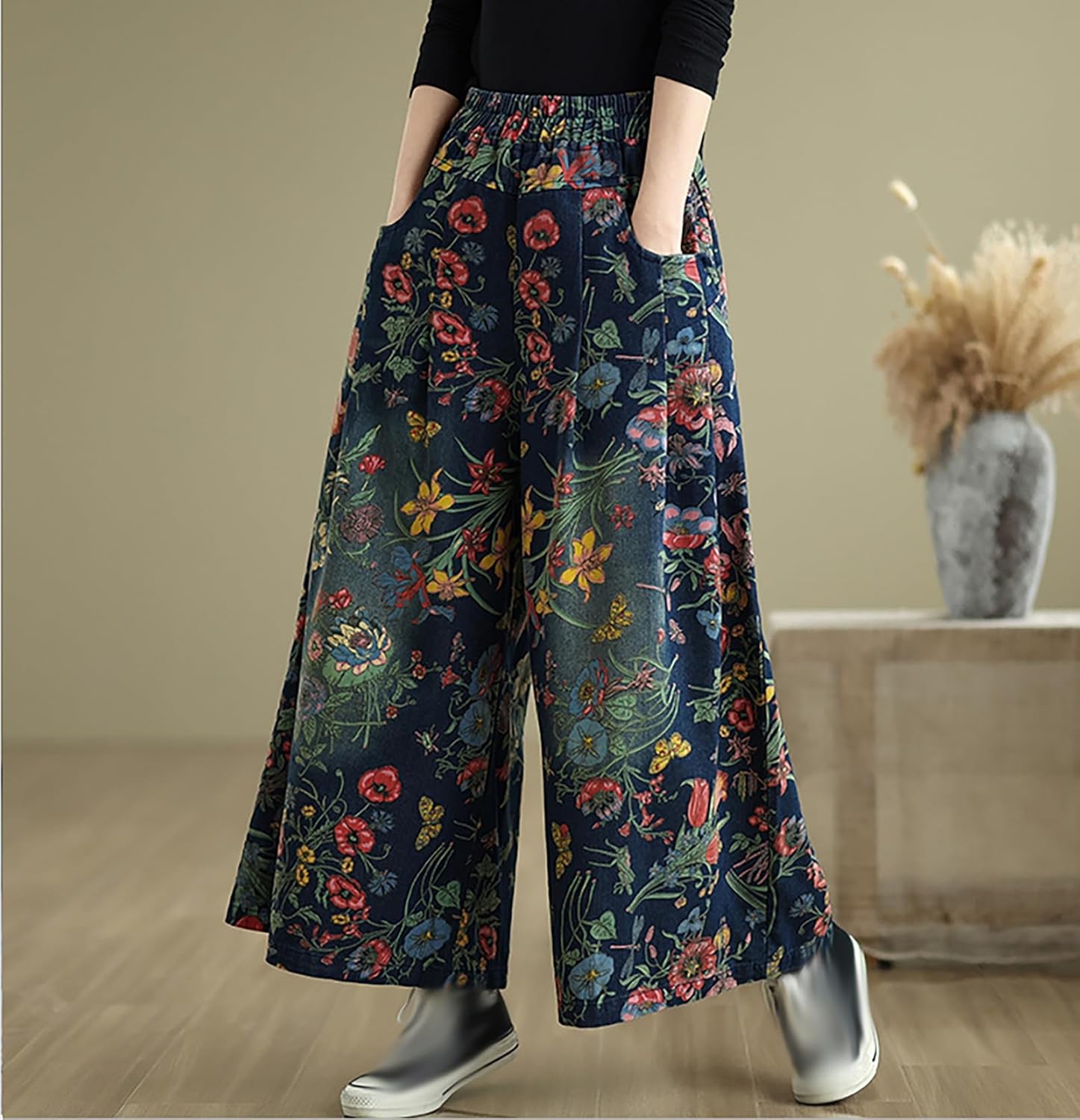 Women's Jeans Elastic High Waist Baggy Wide Leg Denim Loose Fit Pants with Pockets