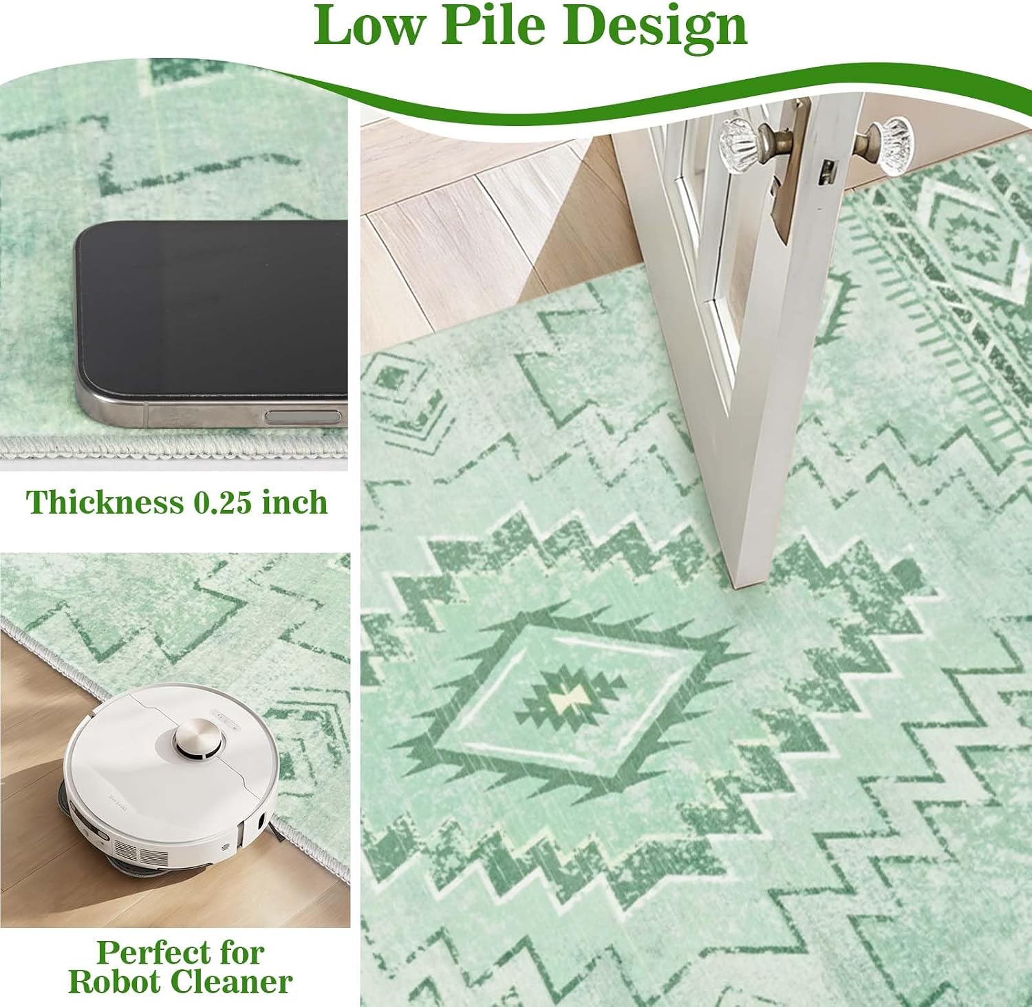 Yinhua Green 5x7 Rug for Living Room, Washable Spring Area Rugs Low-Pile, Soft Non-Slip Western Rug with Rubber Backing, Non-Shedding Boho Carpet for Dining Table Office Nursery