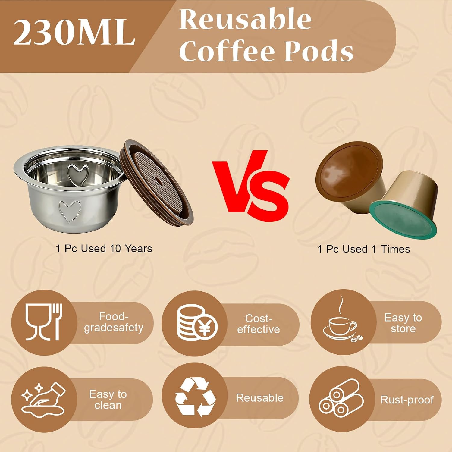 RAWILL Reusable Coffee Pods Kit, 230ml Stainless Steel Coffee Capsule with Silicone Lid, Spoon, Brush, Coffee Tamper, Tweezers, Compatible with Nespresso Vertuo Machines