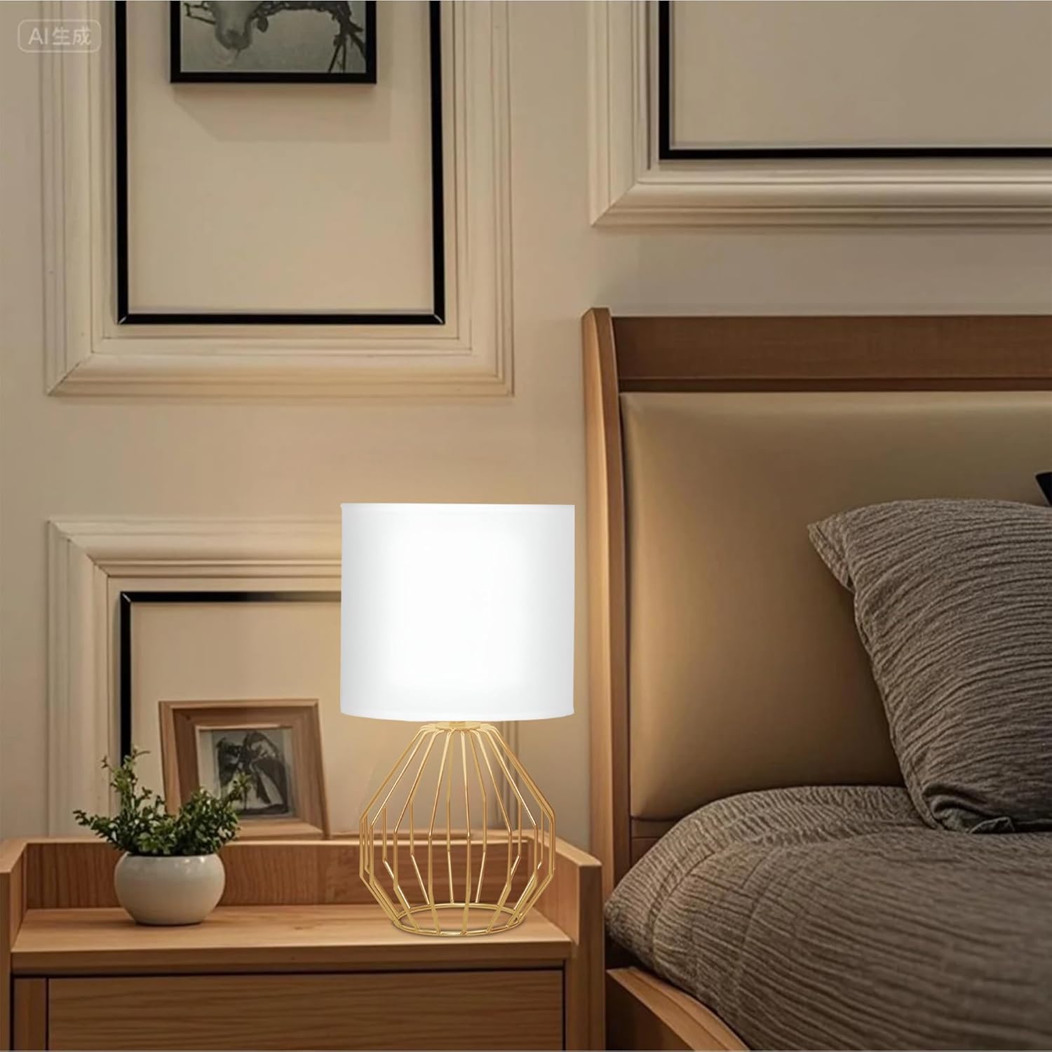Gold Table Lamp, Small Bedside Nightstand Lamps with White Fabric Shade, Metal Base and ON/Off Switch Desk lamp, Modern Geometric Lamp for Bedrooms Living Room Office Foyer Kids Room