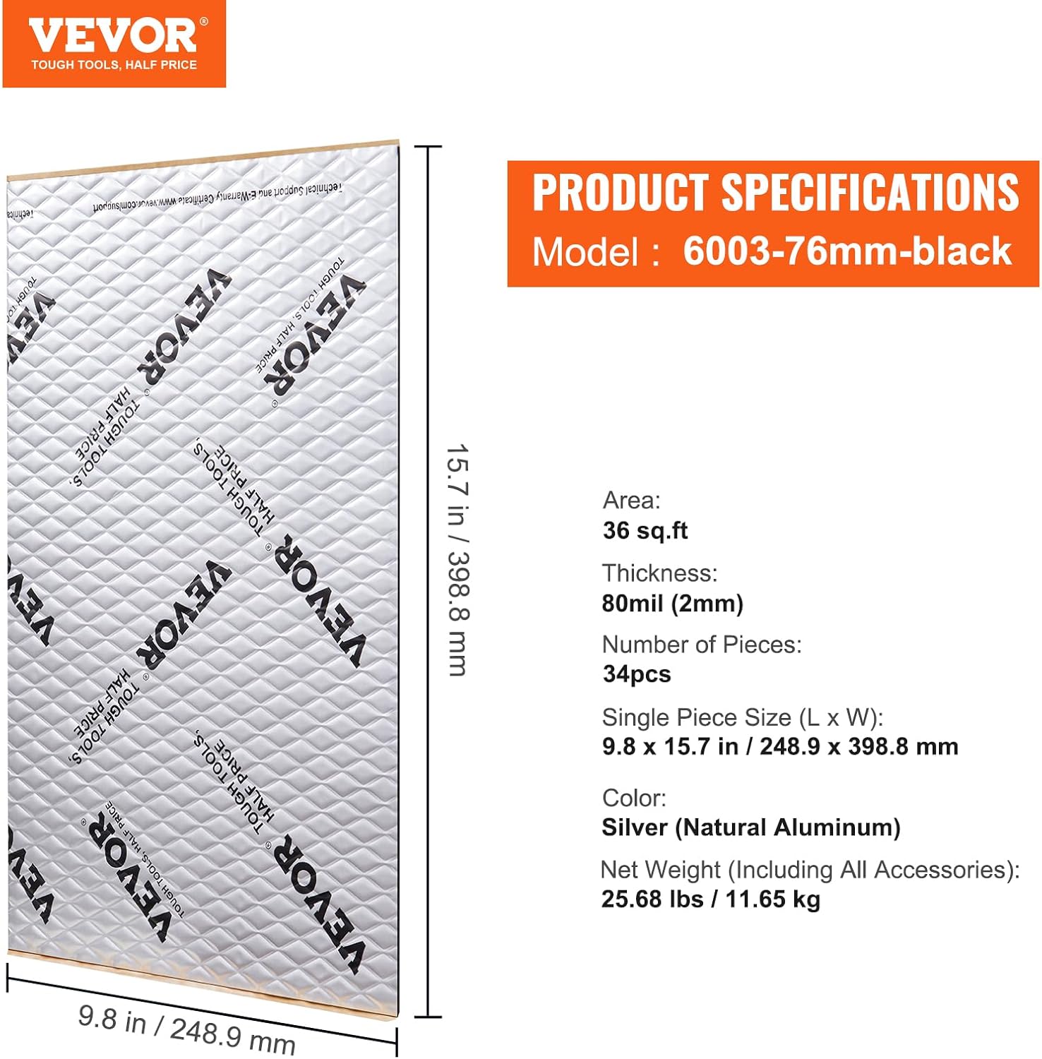 VEVOR Car Sound Deadening Mat, 80 mil 36 sqft Butyl Sound Deadener, Noise Insulation and Vibration Dampening Material
