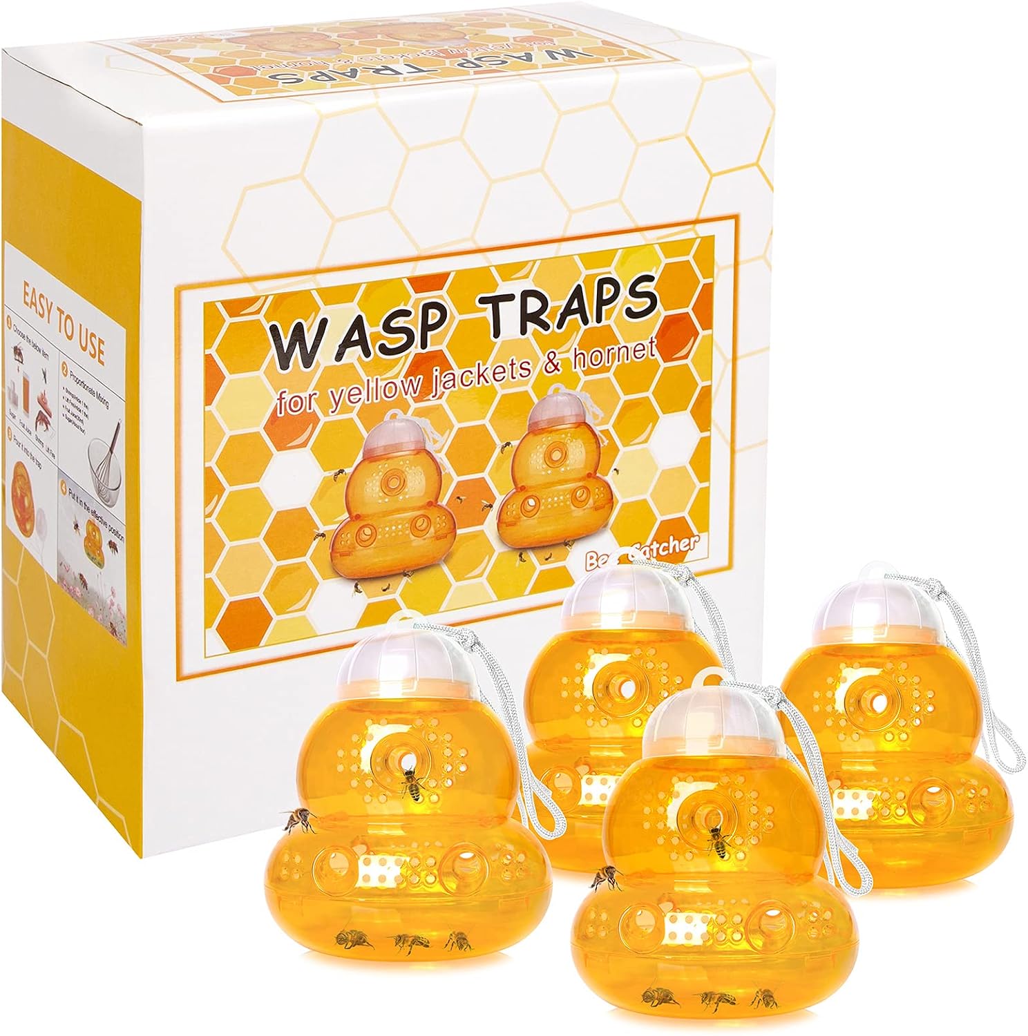Stingmon 4 Pack Wasp Trap for Hornet Bees Yellow Jackets, Insect Bee Catcher Non-Toxic, Reusable, Hanging Outdoor Wasp Deterrent Killer