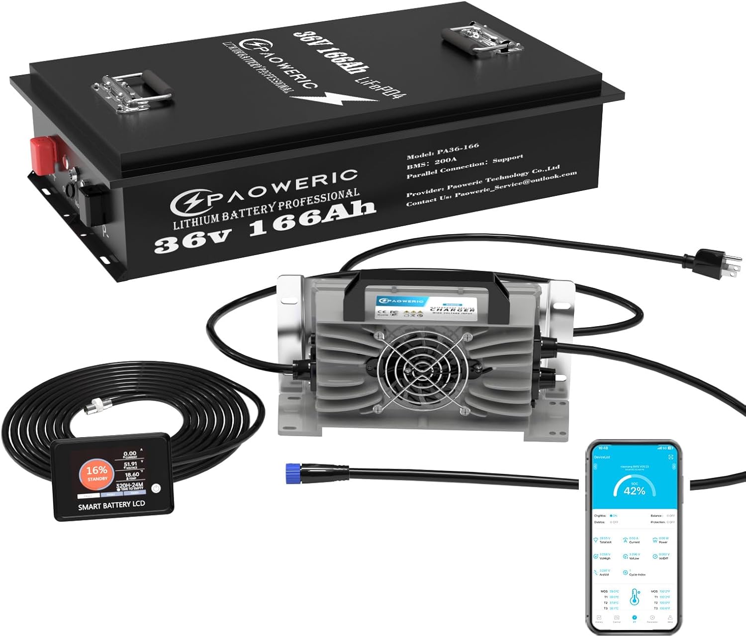 36V 166Ah Metal Case LiFePO4 Golf Cart Battery with 200A BMS, APP& LCD Monitor, 6374WH Energy, Perfect for Golf Carts