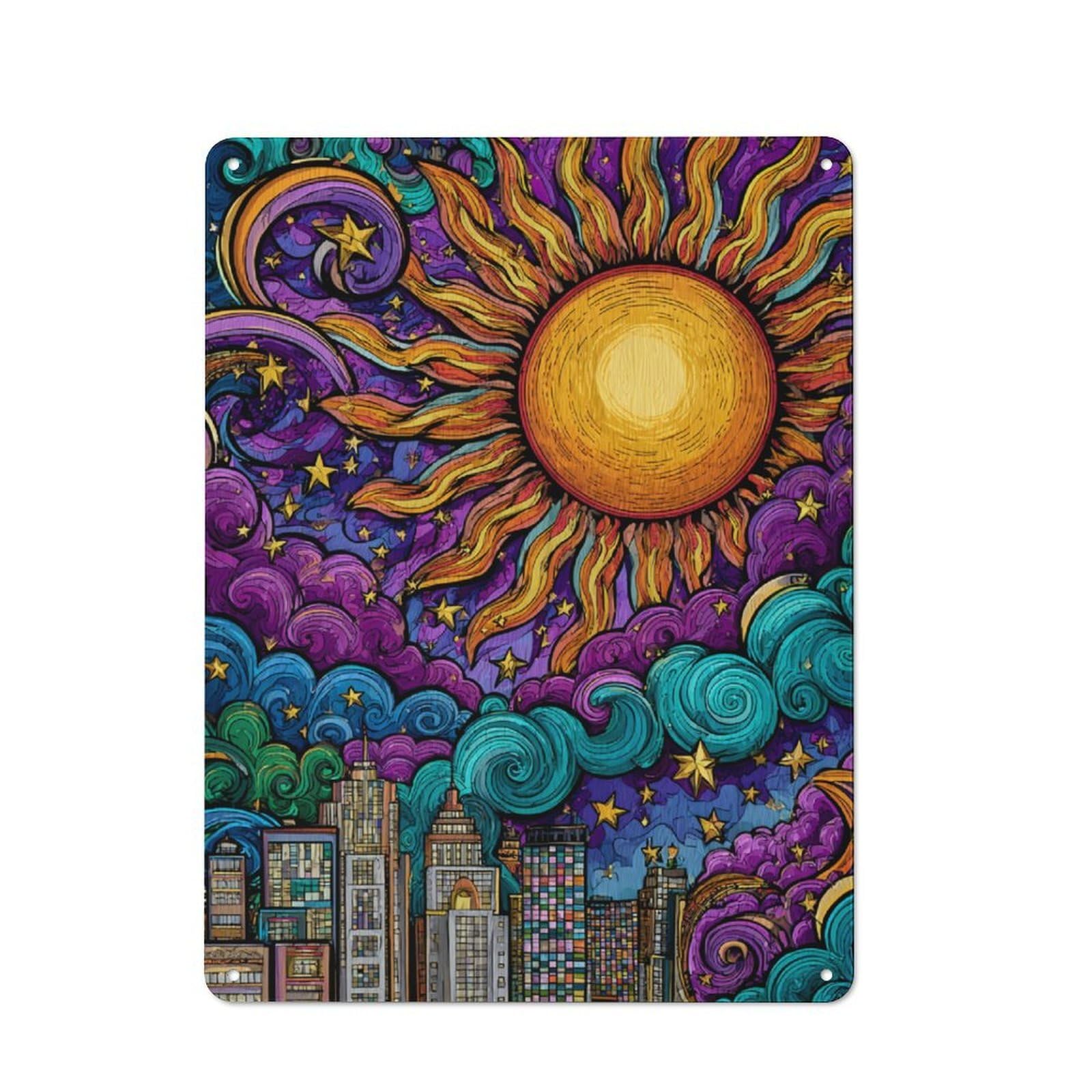 Junmoney Vibrant Cosmic Cityscape Vintage Printed Metal Sign 40X30cm For Workshop Wall, A Decorative Gift For A Newly Furnished Workshop