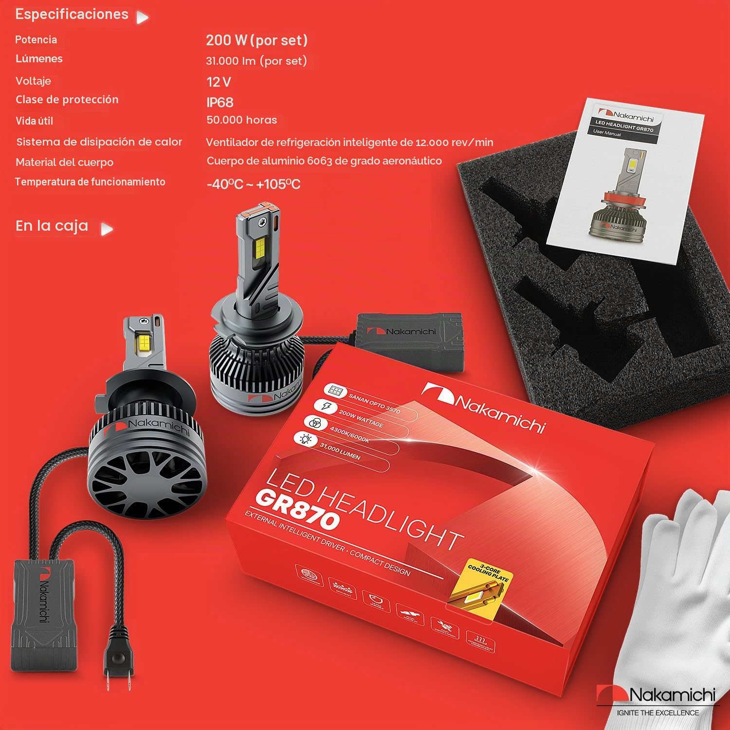 Nakamichi Bombillas LED De Repuesto Serie GR870 H7, 31,000 Lúmenes, 200W Por Juego, Luz Blanca Fría Superbrillante, Conectar Y Usar, Luz Alta Y Baja, Paquete De 2, 4300K, H7