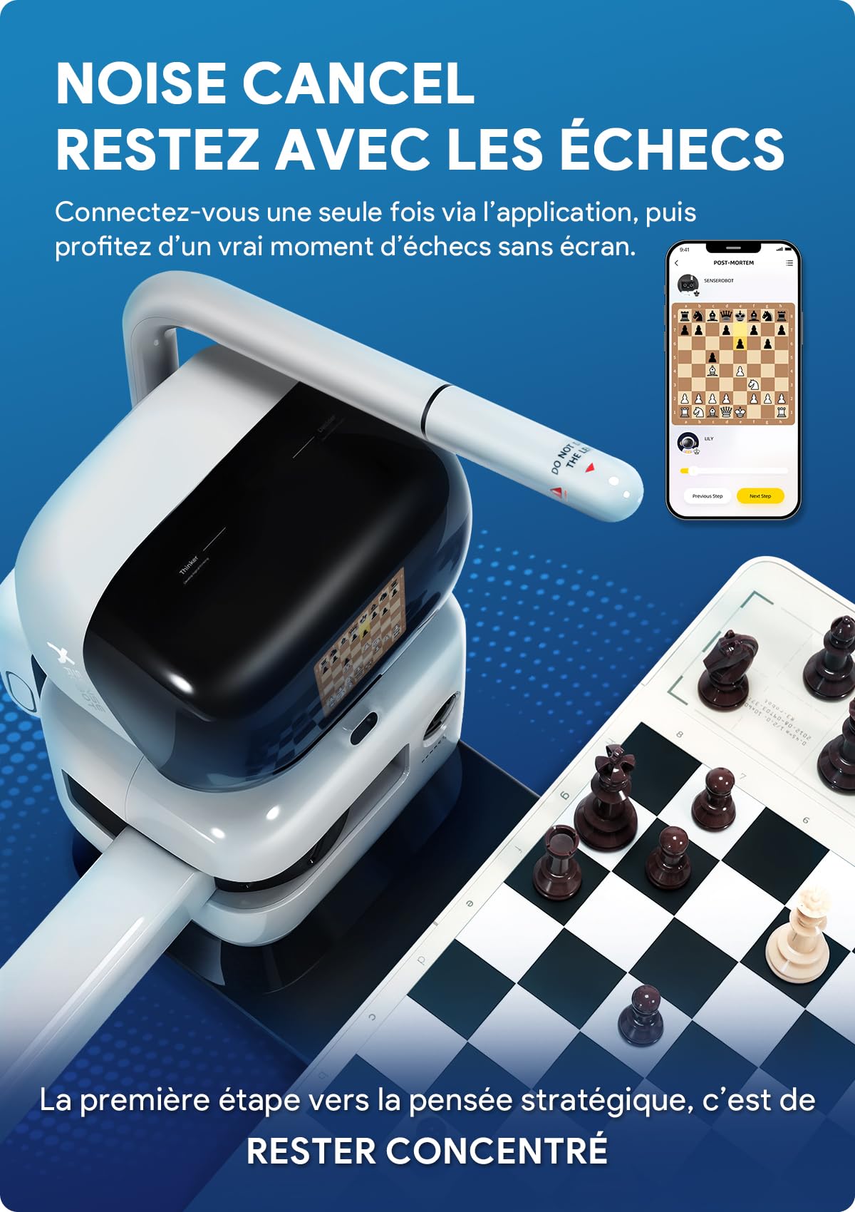 Robot d'échecs Sense Robot AI avec Bras robotisé – 25 Niveaux d'IA, 1200+ Exercices, entraîneur de finales, relecture de Parties Classiques, Coaching Vocal, intégration Lichess, App synchronisation
