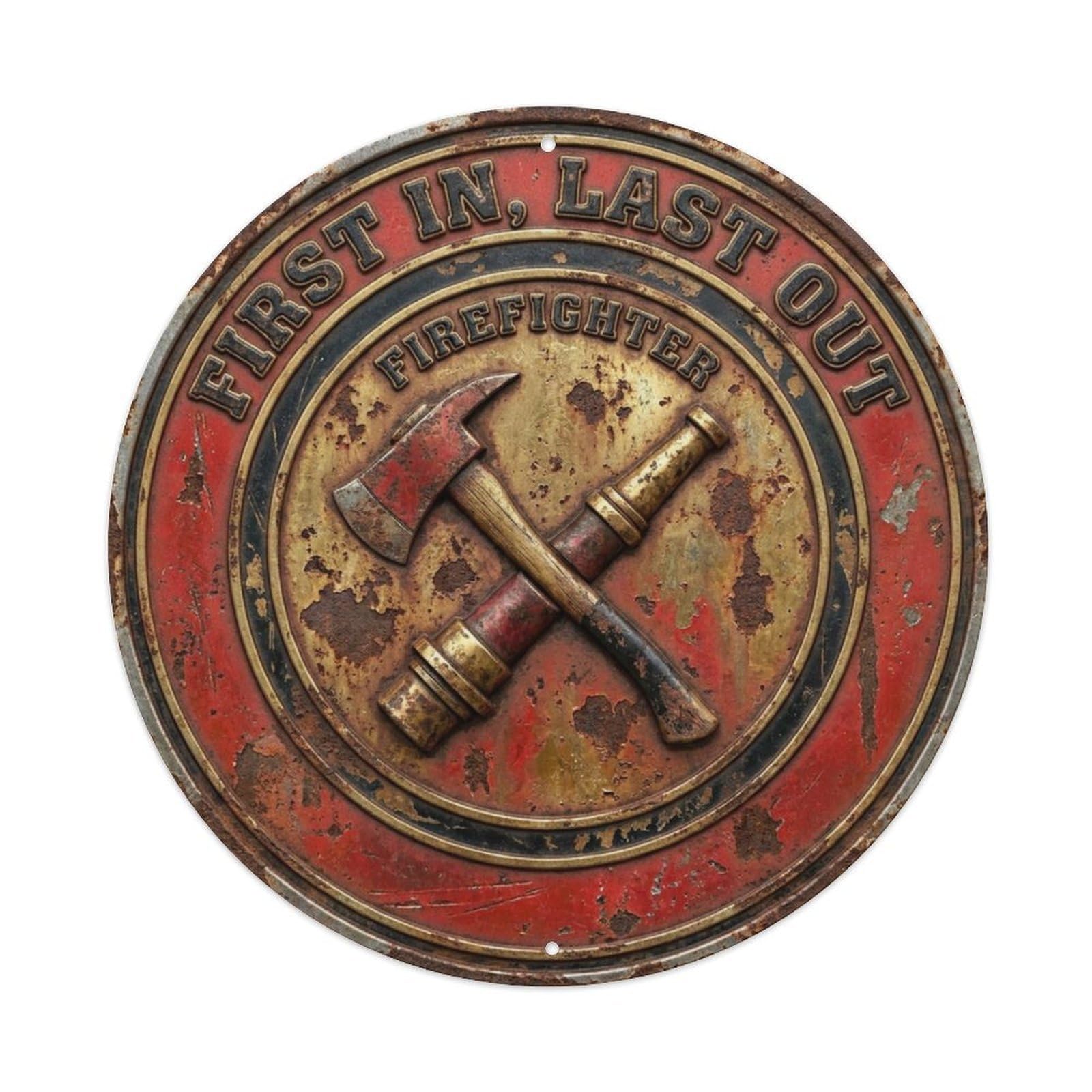 First in Last Out Firefighter Vintage Workshop Display Retro Slogans Vintage Metal Tin Sign Plaque Wall Decor for Cafe, Club, Garden Round Metal Poster 8x8Inch