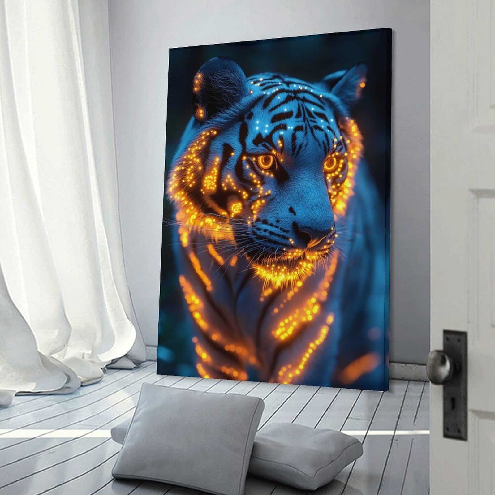 Junmoney Frame-Style-14-2 Canvas Wall Decor Glowing Tiger Portrait, 16X24inch(40X60cm), For Flats, Guest Rooms Or Compact Rooms, Wall Decor With Flexible Room Appeal