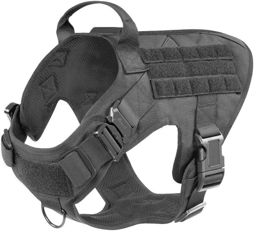 ICEFANG Tactical Dog Harness,K9 Working Dog Vest,No Pull Front Leash Clip D-ring,Unbreakable Snap-proof (L, BK-Metal Buckle)