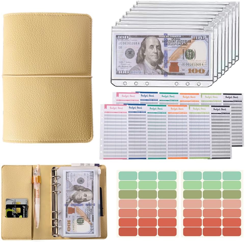  Budget Binder with Zipper Envelopes, Money Saving Binder,with 12pcs Expense Sheets & 42 Sticky Labels(Yellow)