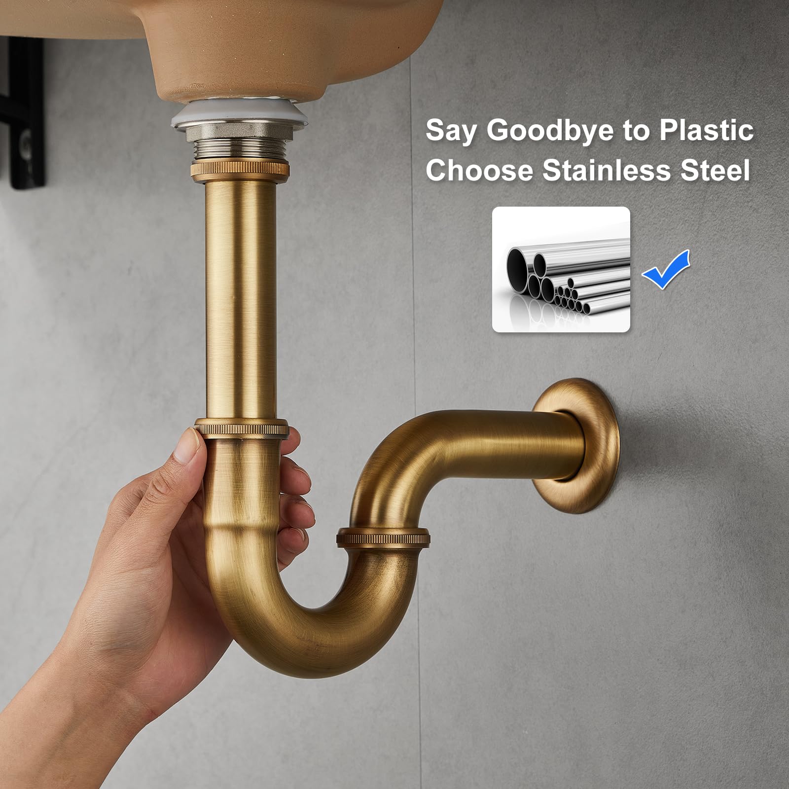 sifone a P in acciaio inossidabile 1 1/4" x 32mm universale per lavandino e lavabo del bagno, altezza regolabile, blocca i cattivi odori, finitura ottone antico spazzolato
