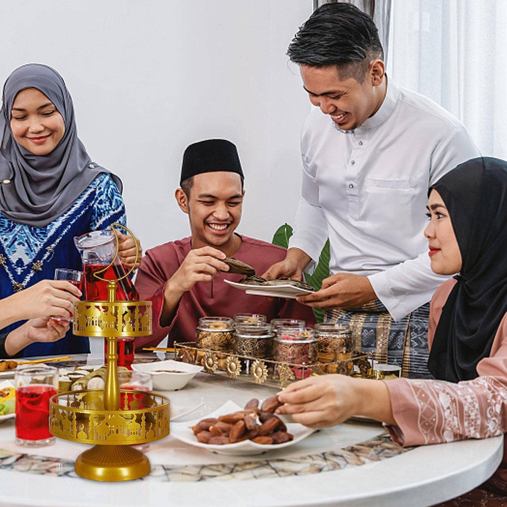 Set di 3 Piatti Ramadan Vassoio da Portata in Ferro Eid Islam Musulmano Piatto Rotondo Snack Dessert Vassoio Contenitore per Alimenti per Forniture per Feste Ramadan Mubarak(Bianco