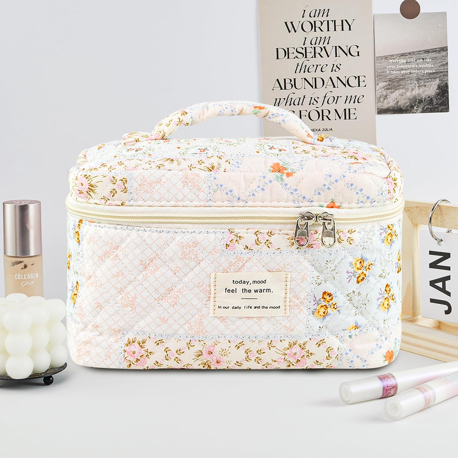 Makeup Bag, Floral Quilted Cosmetic Bag, Large Travel Aesthetic Make up Bag, Cute Coquette Toiletry Bag for Women Girls - Image 6