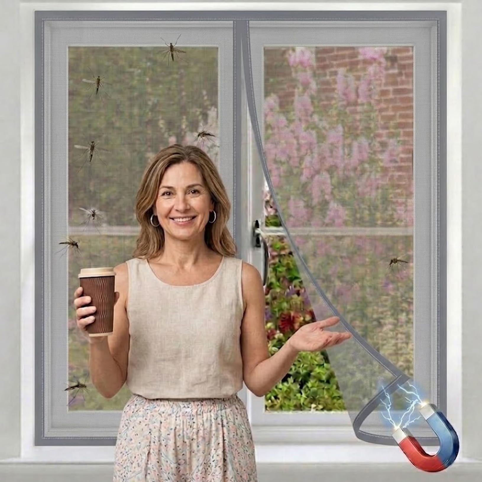 Lorxilar Magnetic Window Fly Screen Mesh Insect Screen with Hook And Loop Tape Removable Window Netting to Keep Bugs Out Suitable for Most Window Frames Grey, W 120CM/ H130CM