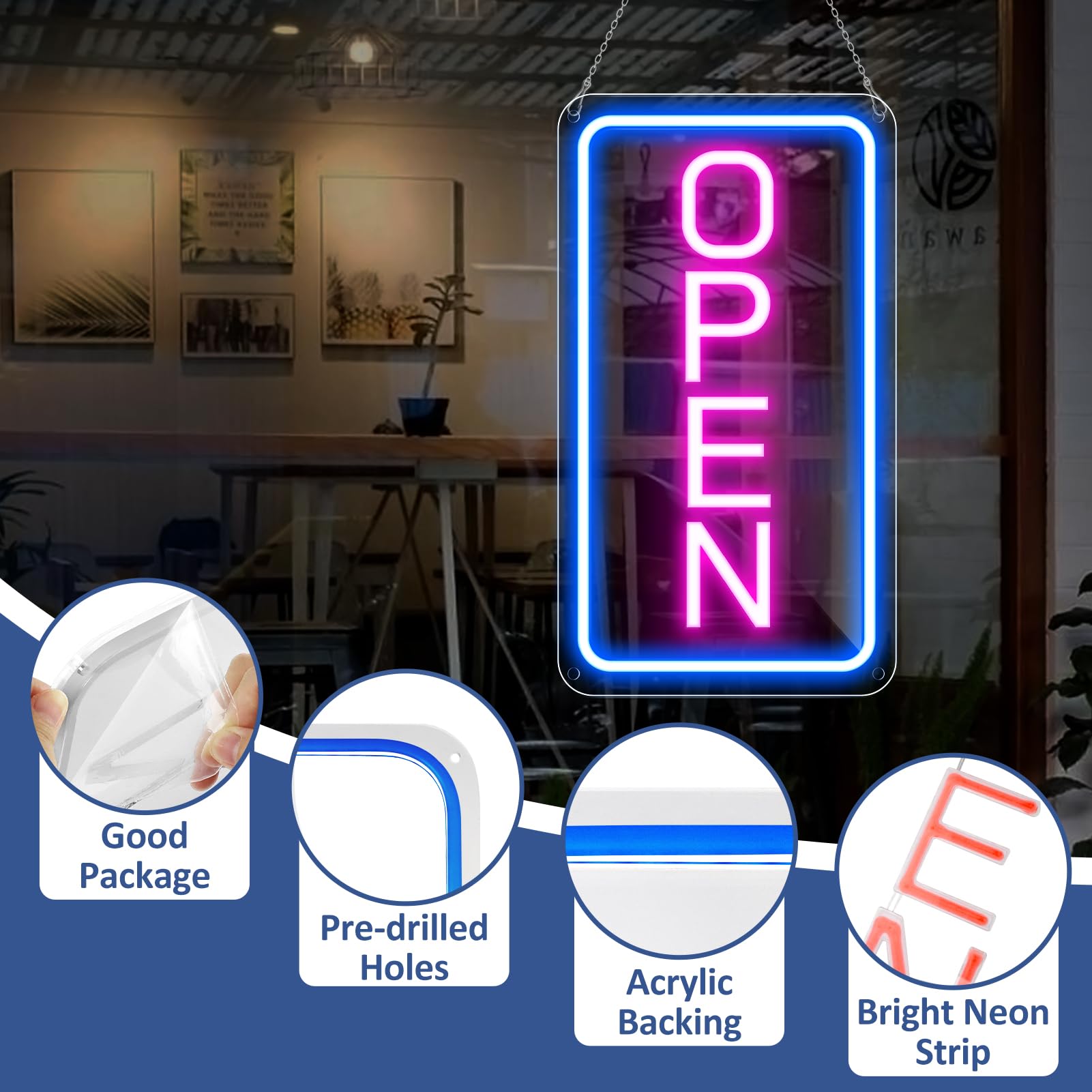 16"x 9" Adjustable Brightness Open Signs for Business Blue Pink Ultra Bright Lighted Sign Open Powered by USB with ON/OFF - Image 4