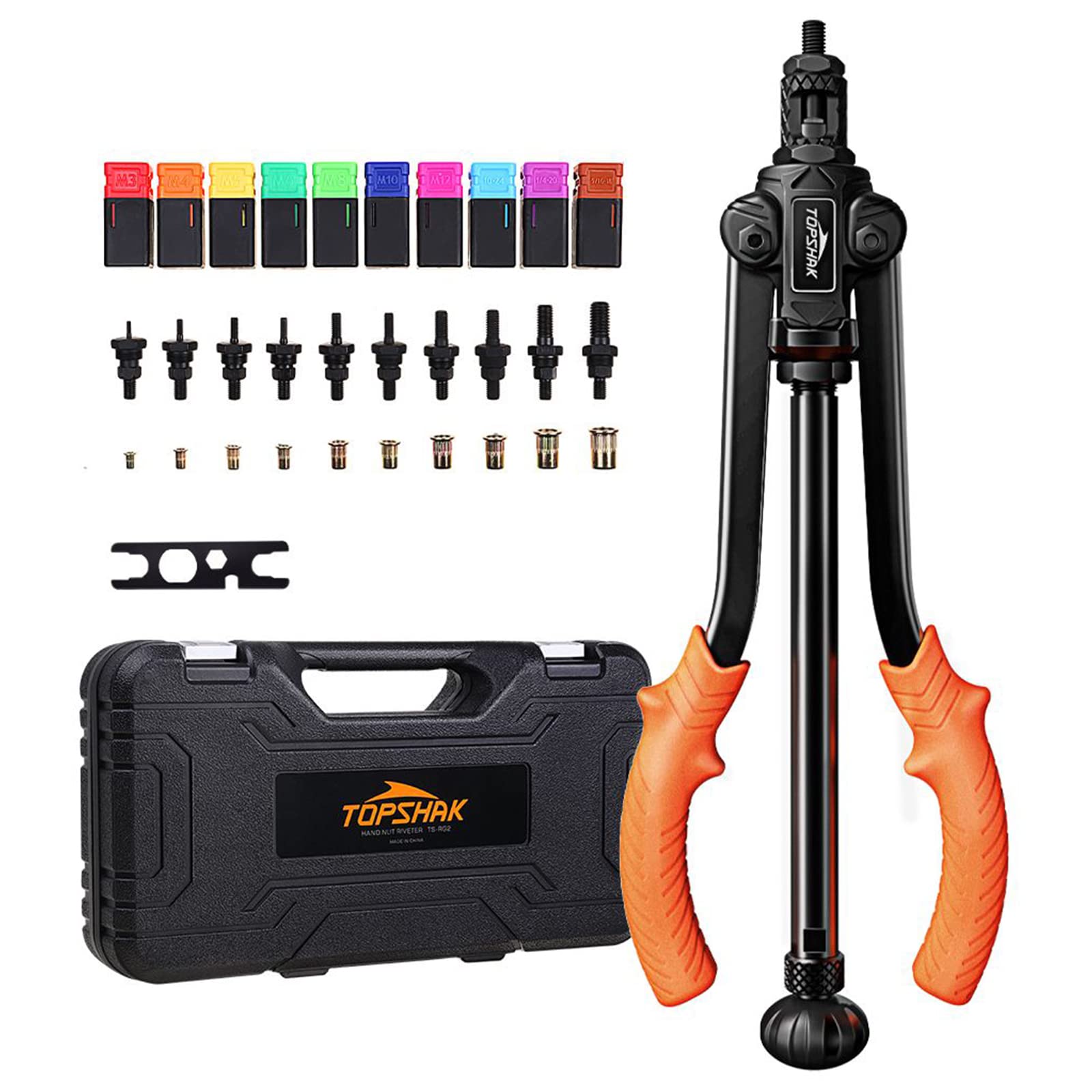 TOPSHAK Rivet Nut Tool, RG2 Rivet Nut Riveter Double-Handled Ram Tool,Labor-Saving Double-Thickened Carbon Steel Long arms Nut Tool with 10 Mandrels 100 Rivet Nuts,Professional Pull Rivet Nut Machine