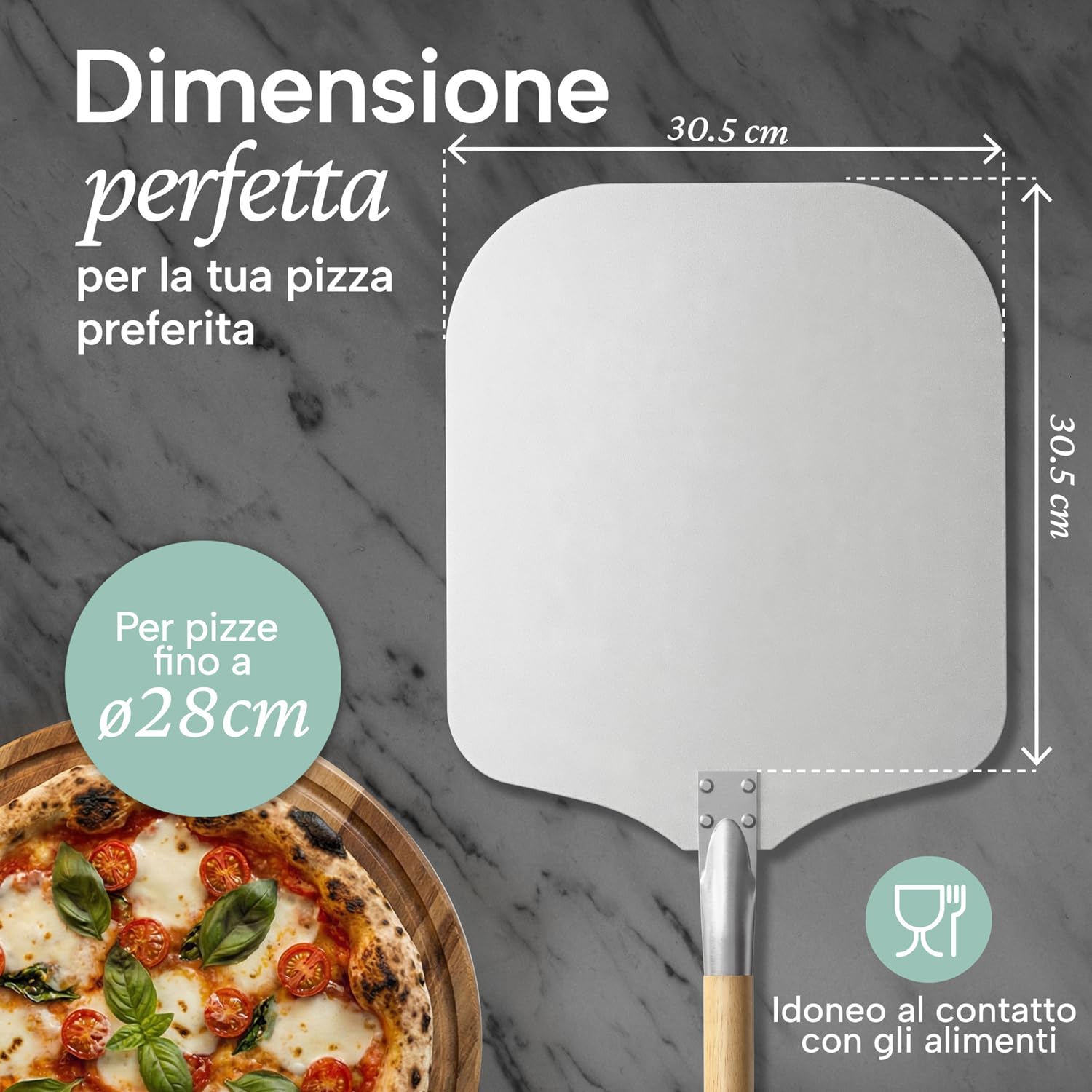 Blumtal Pala per Pizza Professionale - Pala Pizza - Paletta per Pizza - con Ampia Superficie in Alluminio 30,5cm x 30,5cm - Manico Rimovibile in legno lungo 85cm
