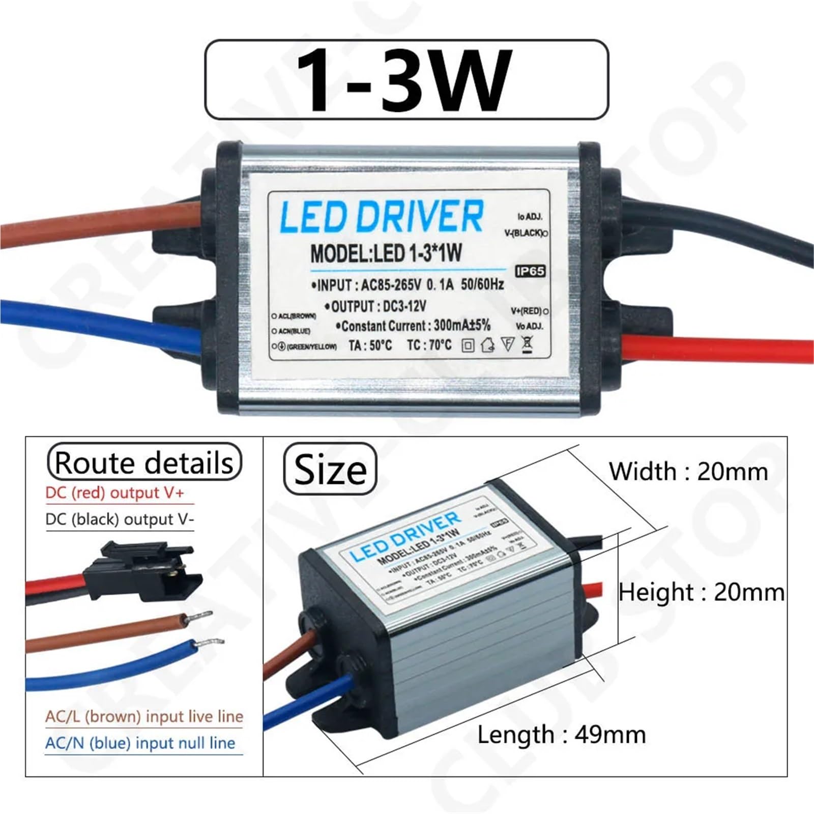 Sterownik LED 1-3 W, 4-7 W, 8-12 W, 12-18 W, 18-25 W, 25-36 W, adapter transformatora AC 85V-265 V, wodoodporny zasilacz IP65 300 mA do panelu świetlnego (4-7 W DC12-26V)