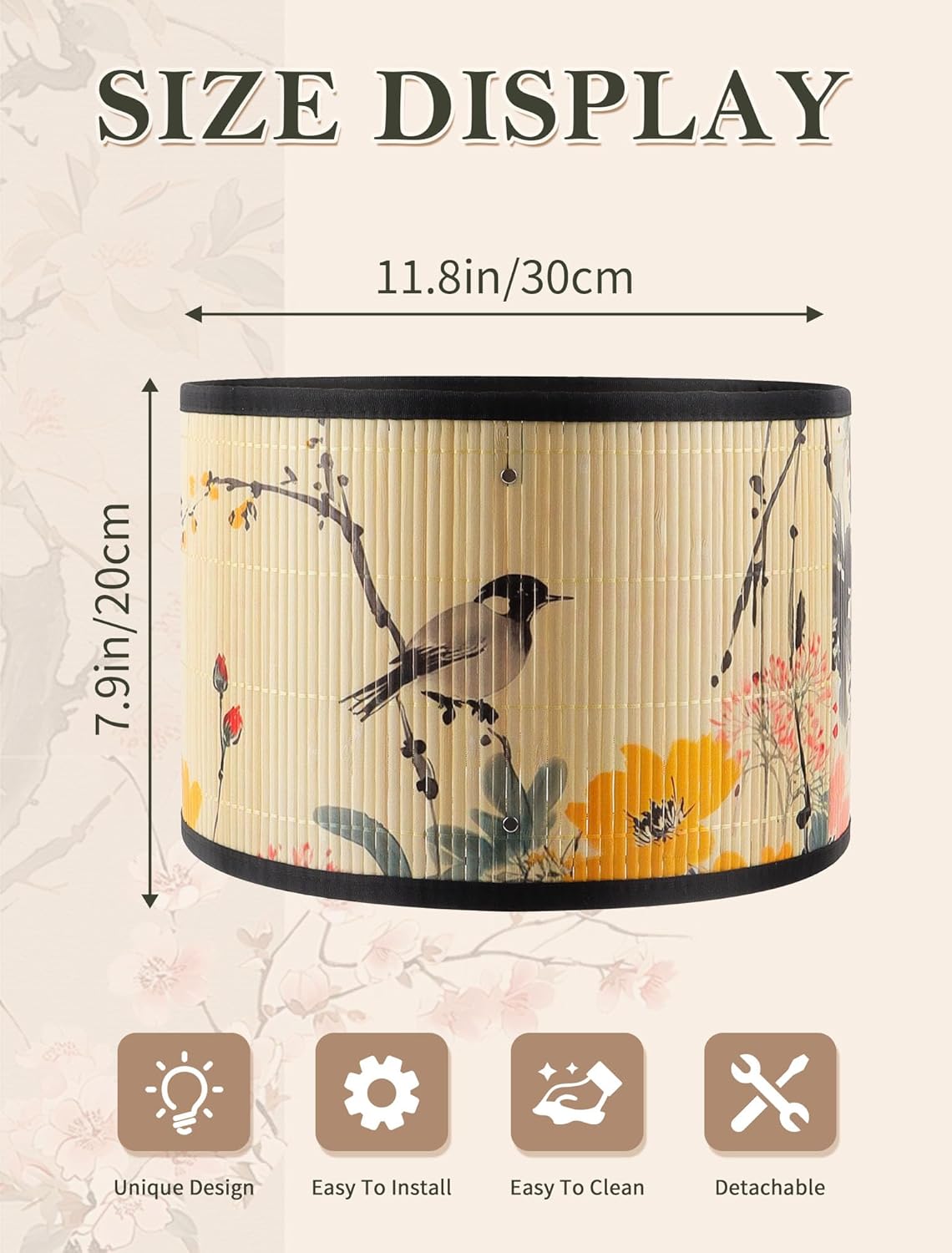 GES Natural Bamboo Drum Lamp Shade 11.8×11.8×7.9In Clip On Table Light Cover, Floral Print Lampshade for Bedroom Living Room, Chandelier Replacement Shade