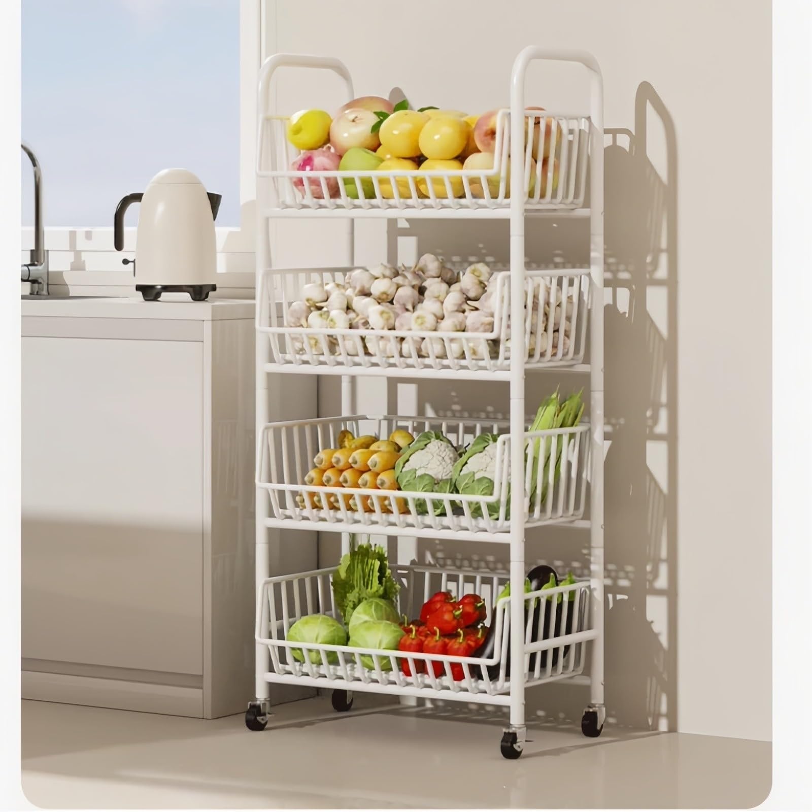 Carro rodante de 4 Niveles for Productos, Estante Almacenamiento Cesta Frutas y Verduras Cocina móvil Carro Utilitario(Blanco,Pequeño)