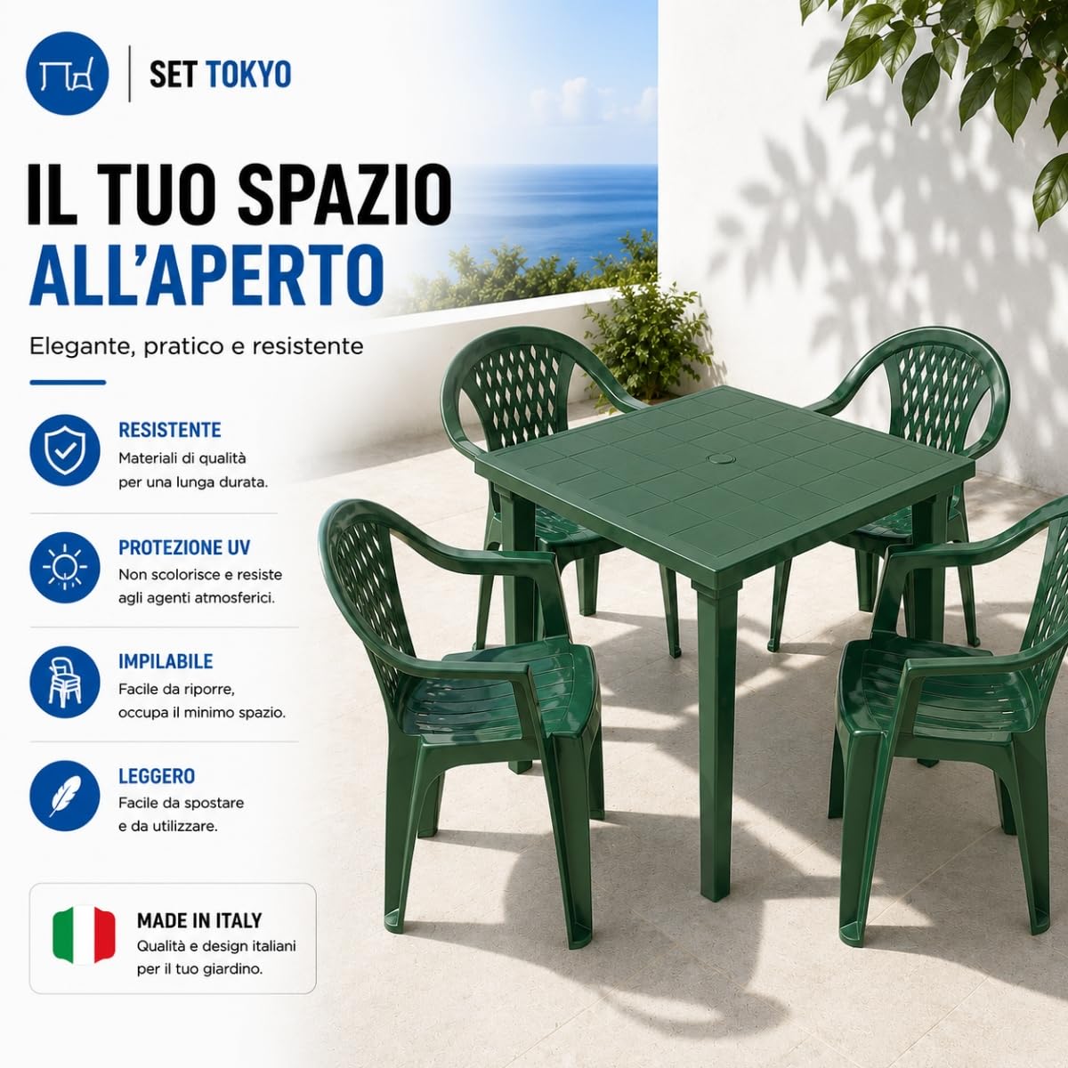 Tomaino Set Tokyo Tavolo da Giardino con 4 Sedie Impilabili con Braccioli Polipropilene Verde