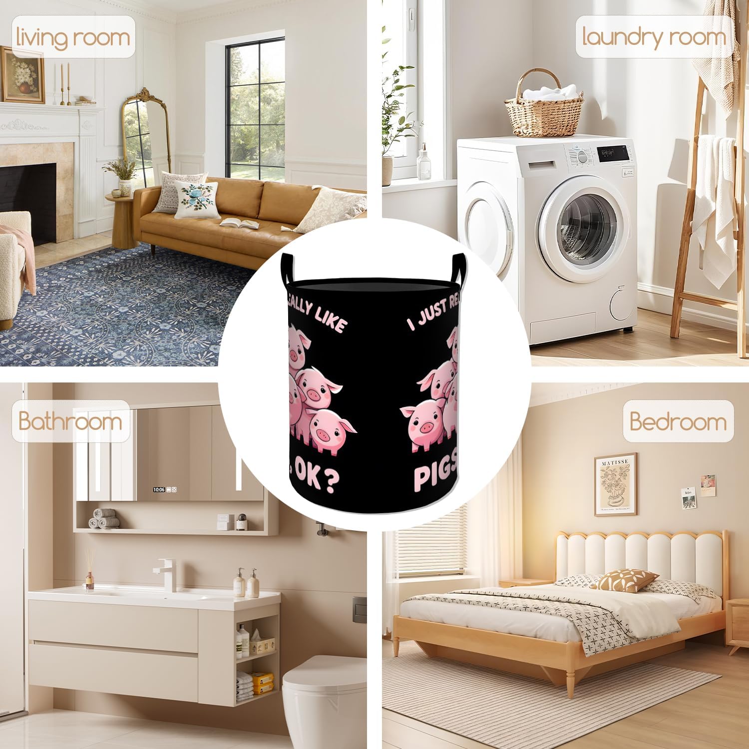 Funny Pig Laundry Basket, Playful Farm Animal Foldable Oxford Cloth, Waterproof Dirty Clothes Hamper with Handles, Clothing Storage Bucket Toy Organizer for Bathroom Bedroom Dorm, 19.7"x15.7"
