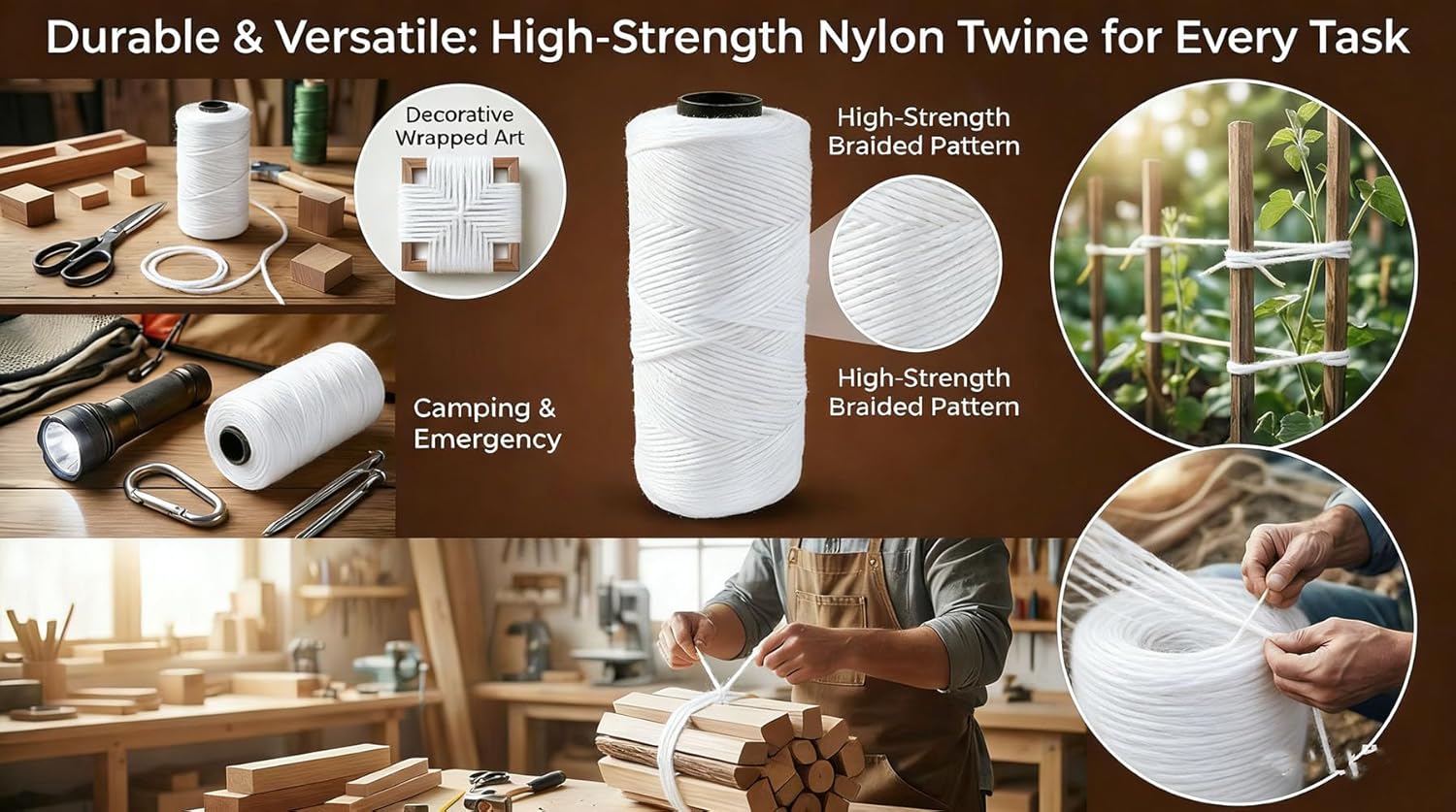 High Strength Mason Nylon String Line, 1.3mm Diameter, 1000 Ft, White, with 9.8 Foot Long Steel Tape Measure for Construction