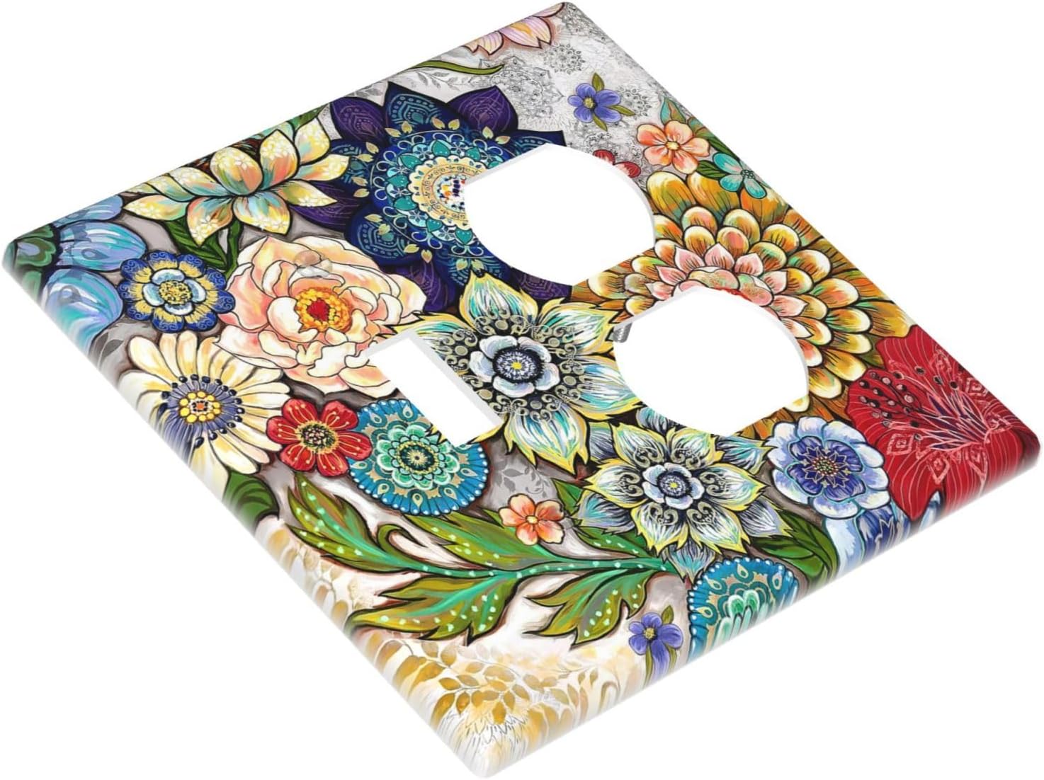 Boho Floral Botanical Mandala Decorative Outlet Cover 1 Toggle 1 Duplex Light Switch Plate Cover Electricity Receptacles Plates For Home Kitchen Living Bedroom 4.6 * 4.5