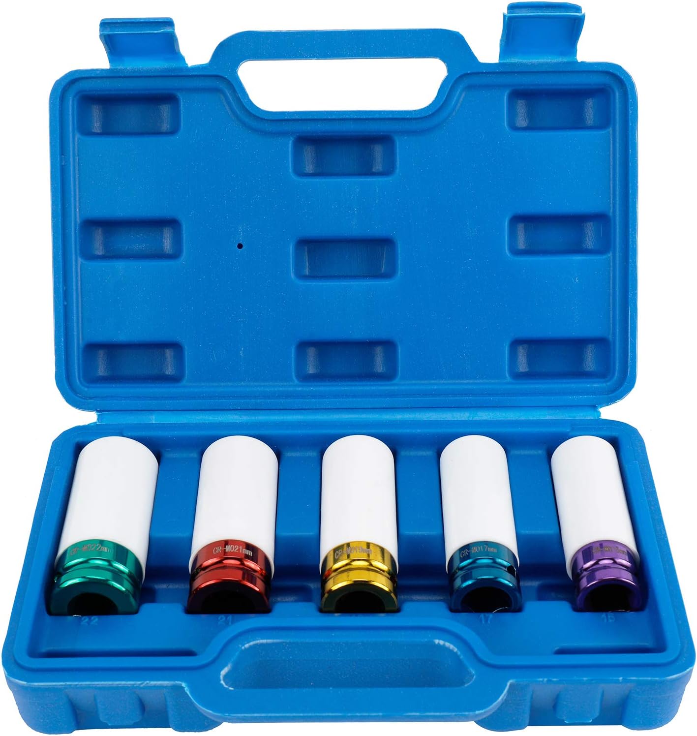 BTSHUB 5pcs 1/2in Impact Drive Lug Nut Socket Set – Non-Marring, Color-Coded, Thin-Walled Wheel Rim Protectors, Metric Impact Socket Tool Set 15mm 17mm 19mm 21mm 22 mm