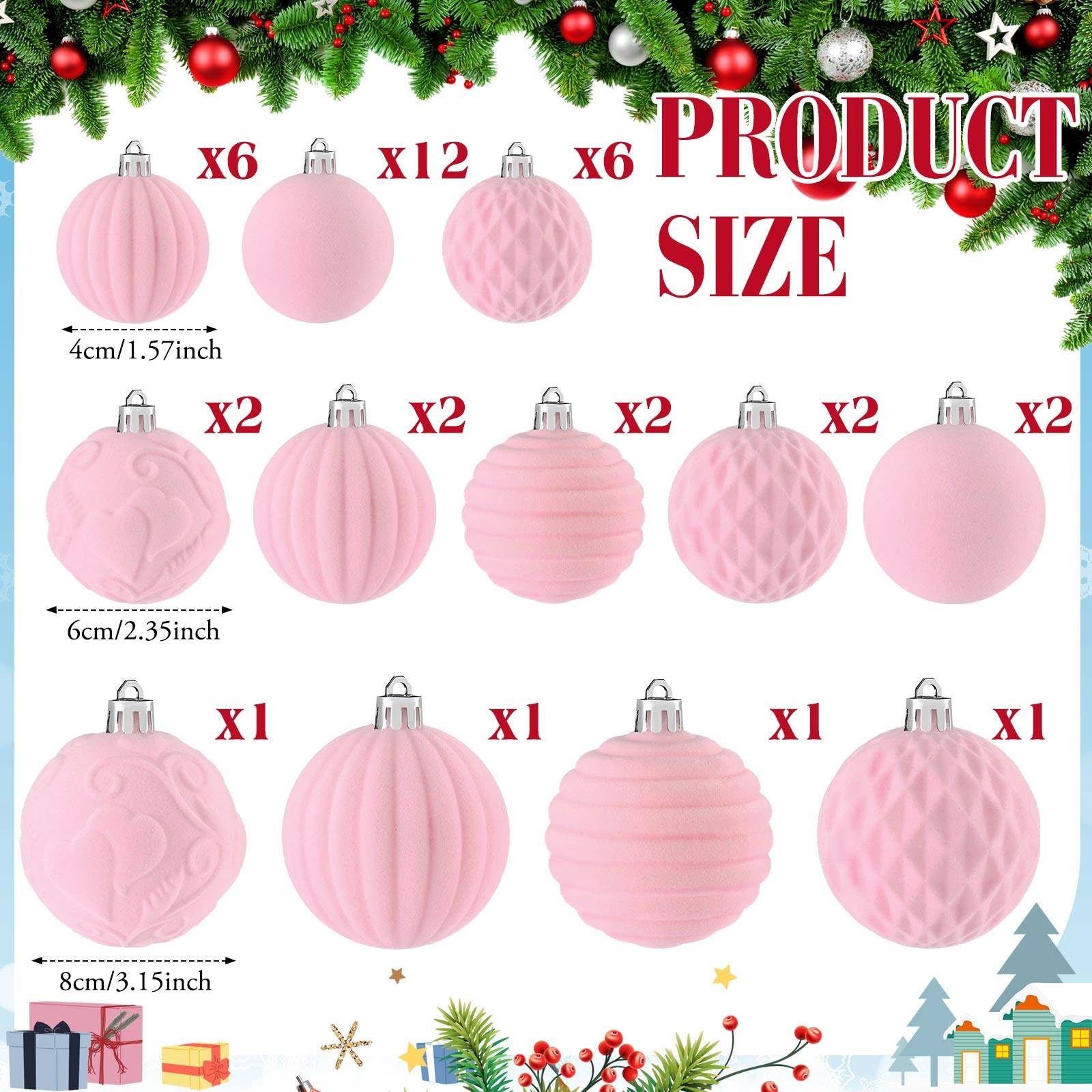 Hungdao Lot de 38 boules de Noël en velours floqué rose – 5 styles en 3 tailles – Décorations incassables à suspendre pour sapin de Noël
