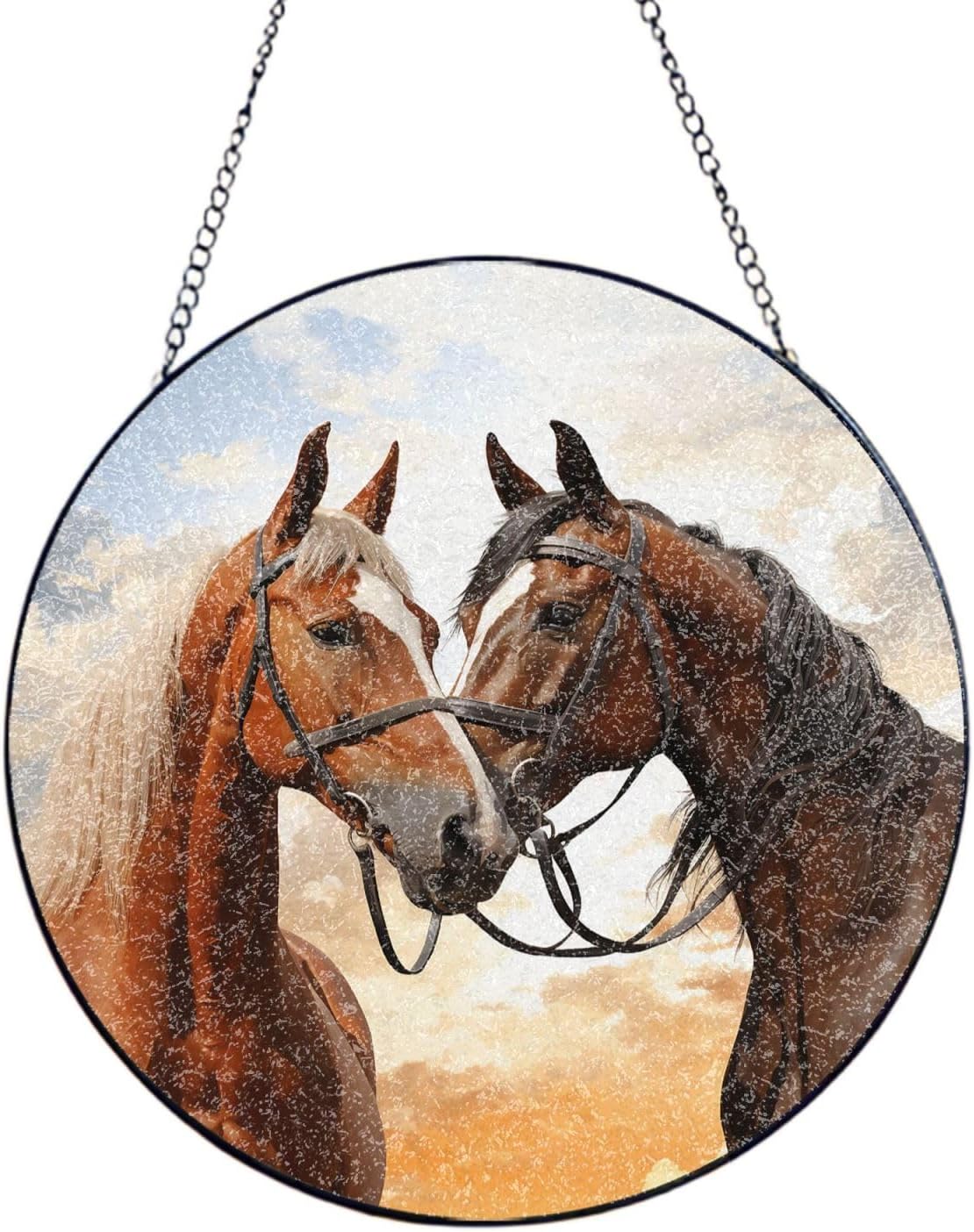 Stained Glass Window Hanging 6in（15cm）, Couple Horse Glass Suncatcher for Home Decor, Indoor Wall Art Glass Panel with Metal Chain and Hooks, Sun Catcher Ornament Birthday Gifts