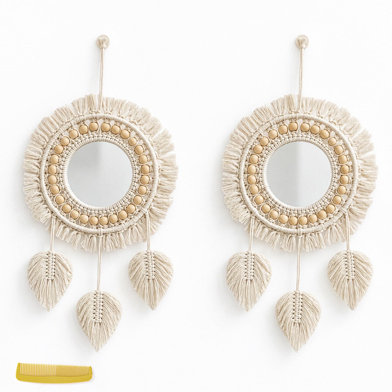 Bohemian Macrame Wall Mirror Set, Round, with Wooden Beads, Handmade Decor for Bedroom and Living Room, 2 Pack