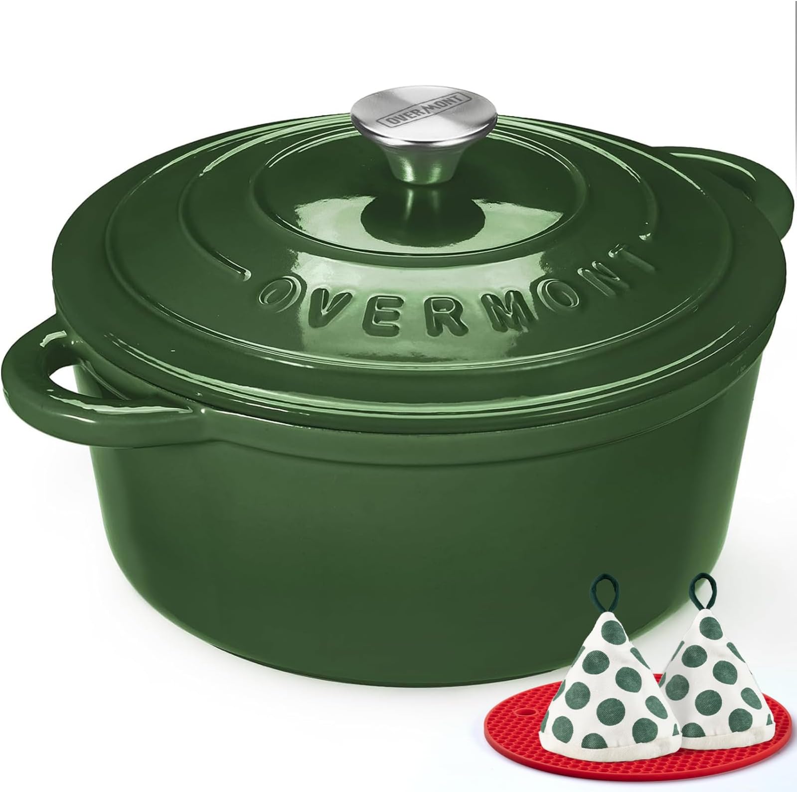 Overmont Roasting Dish Enamel Cast Iron Pot - 26 cm Oven Safe - with Lid and Cookbook - for Kitchen Baking Braising Roasting