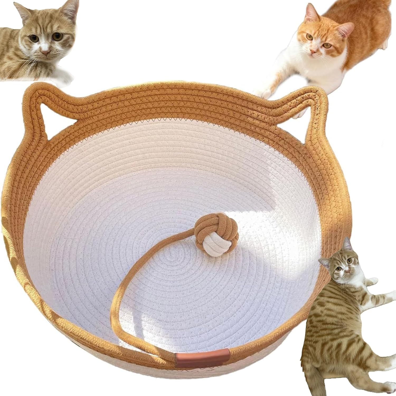 Large Stimulicat Cat Bed Rope Cotton with Cushion, Eliminates Bed Rejection Round Pet Basket, Boho Catbed for Cats Handwoven Scratchable Breathable Weave