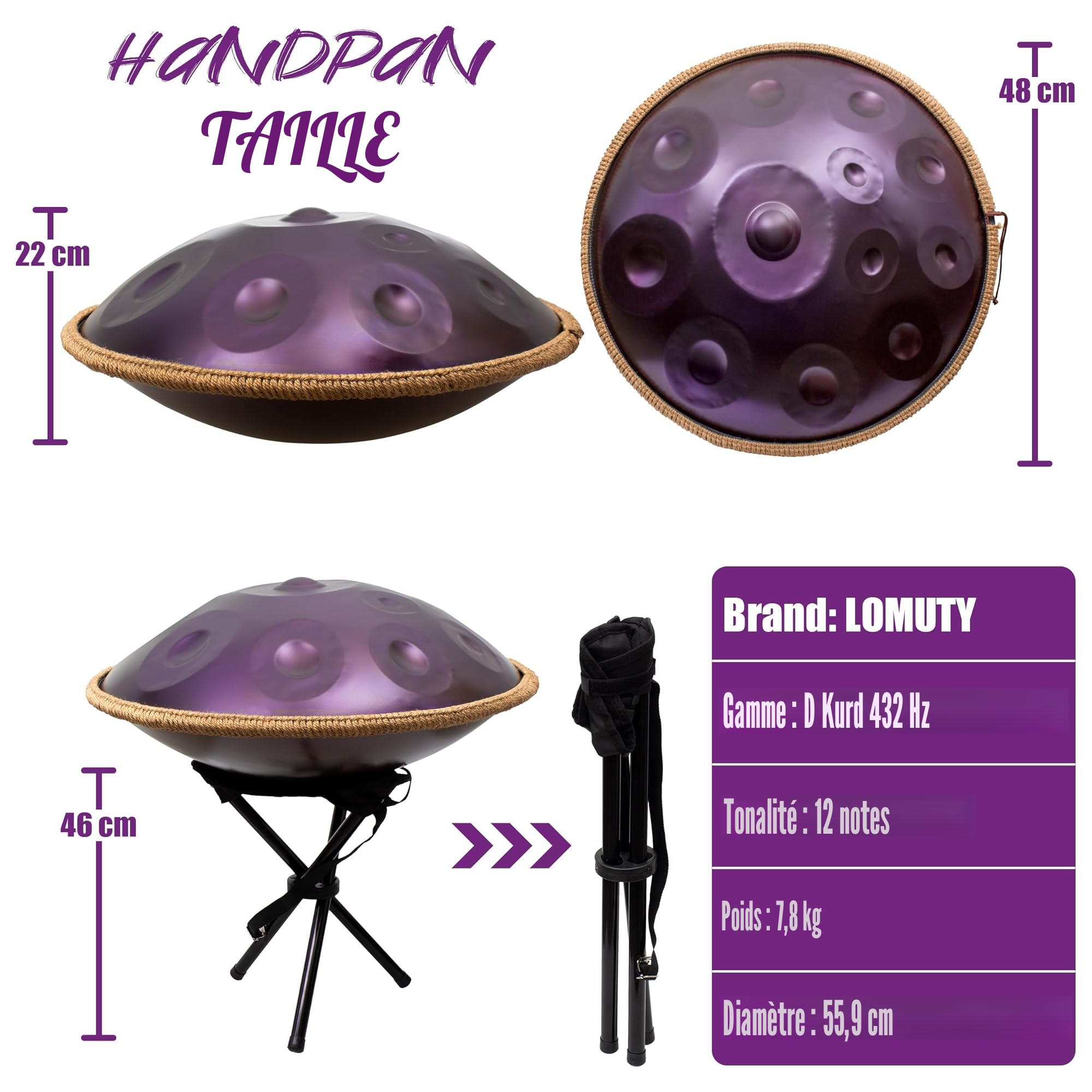 Handpan, Steel Drum, Hand Pan Drum, Violet | 440HZ 12 Notes D Mineur 22 Pouces 56cm Handpan, Handpan Adulte Méditation et Yoga, Drum Instrument avec Housse et Support