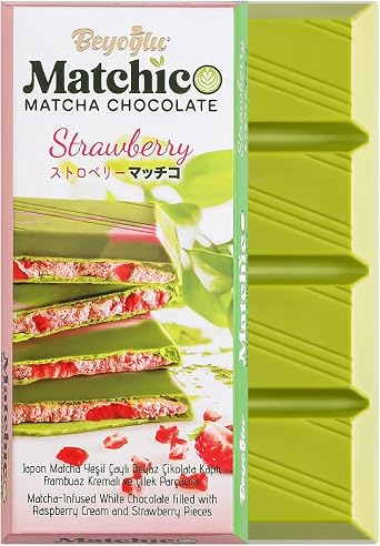 Beyoğlu Dubaco Dubai Style Cocoa and Peanut Cream Chocolate, Matchico Matcha Chocolate Strawberry, 95gr, Set of 4